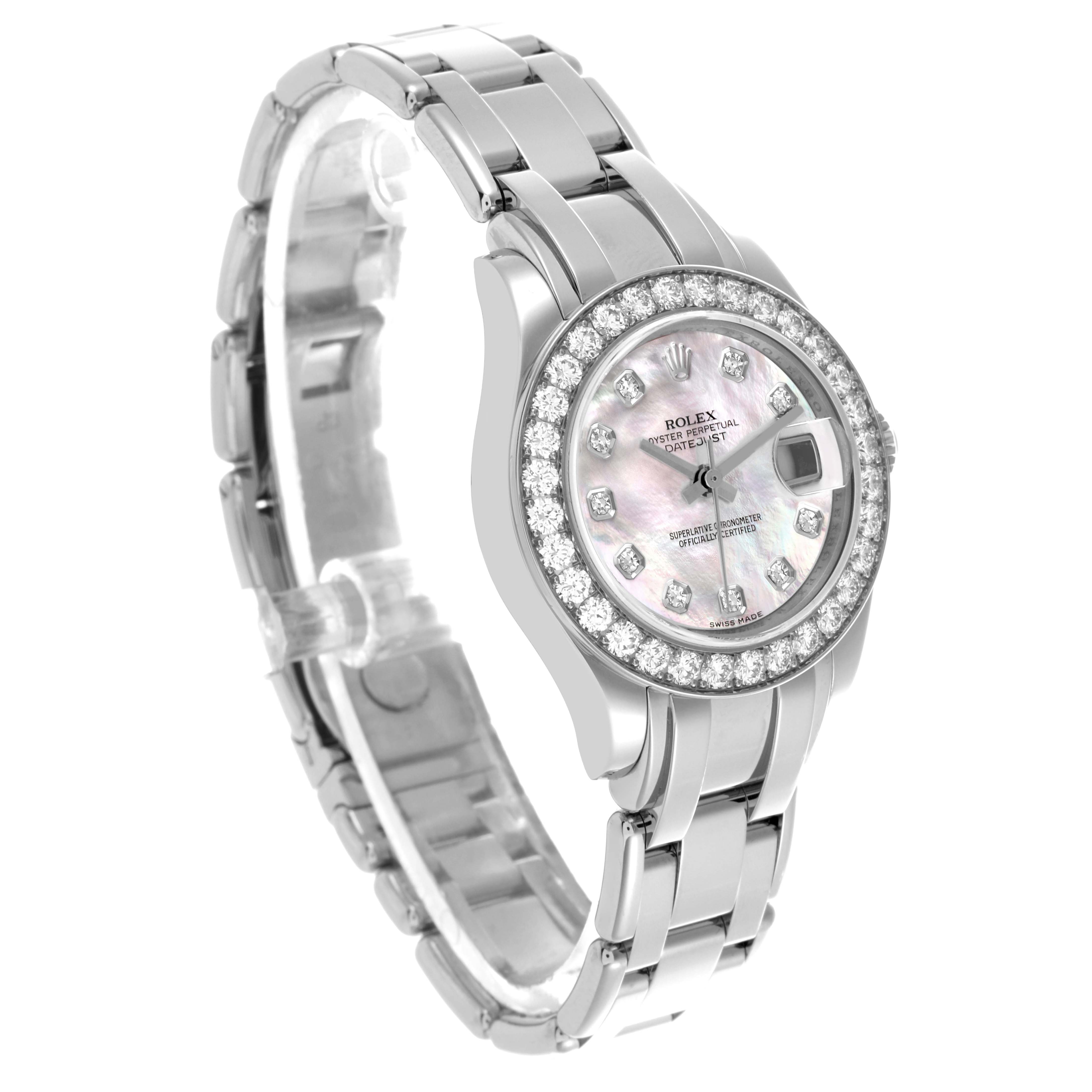 The Rolex Pearlmaster 80299 Women
s White Gold Mother of Pearl Dial 80299 Women
s White Gold Mother of Pearl Dial watch is shown at an angled view, highlighting the bezel, face, and part of the bracelet.