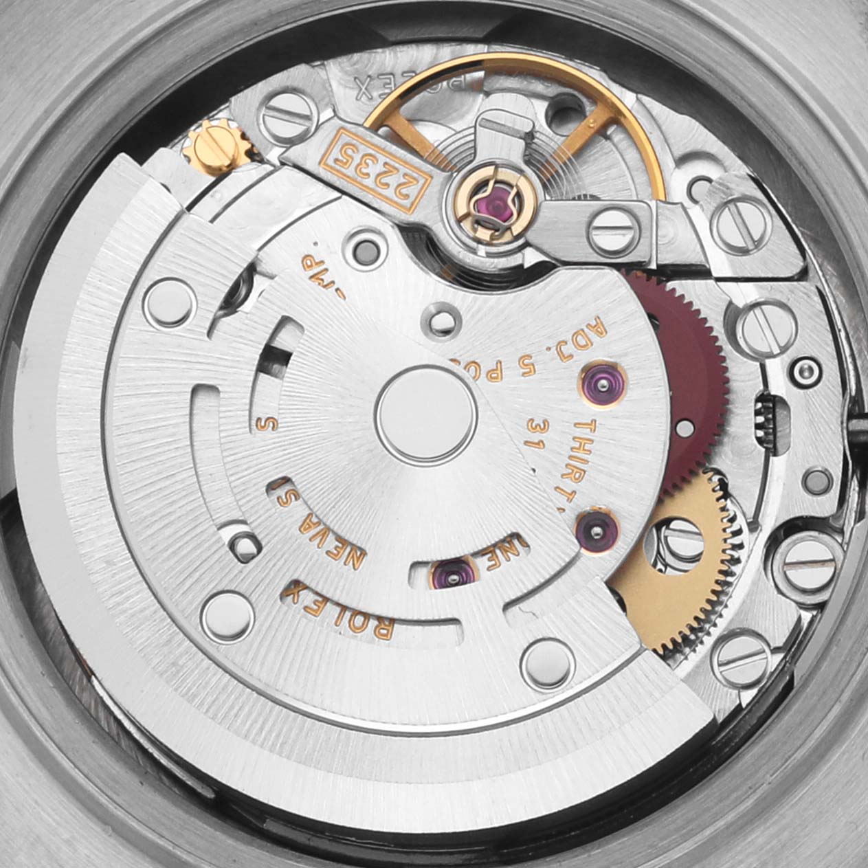 The image shows the movement of a Rolex Pearlmaster 80299 Women
s White Gold Mother of Pearl Dial 80299 Women
s White Gold Mother of Pearl Dial watch from a top-down angle, highlighting its intricate mechanics.