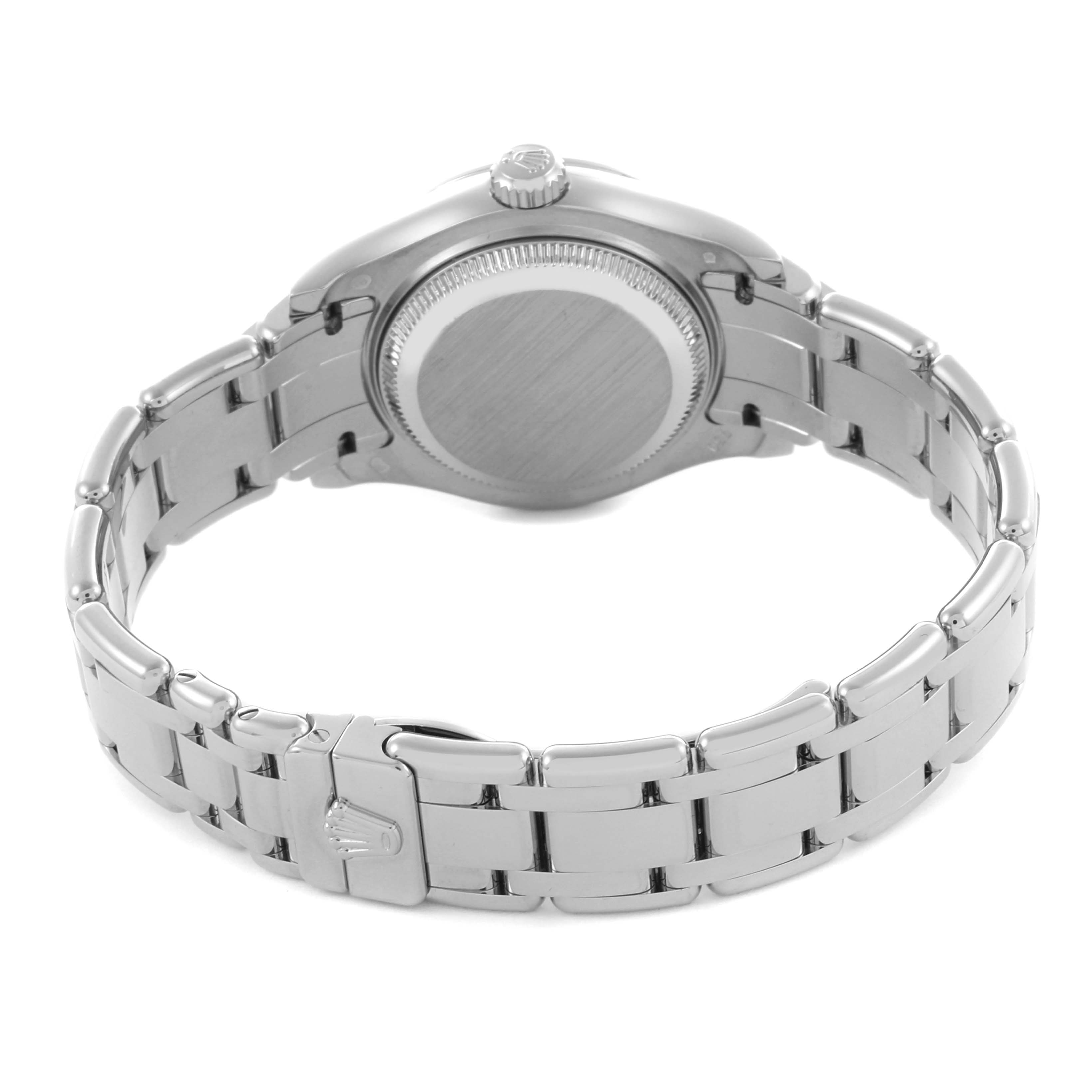 The image shows the back view of a Rolex Pearlmaster 80299 Women
s White Gold Mother of Pearl Dial 80299 Women
s White Gold Mother of Pearl Dial watch, highlighting the case back and bracelet clasp.