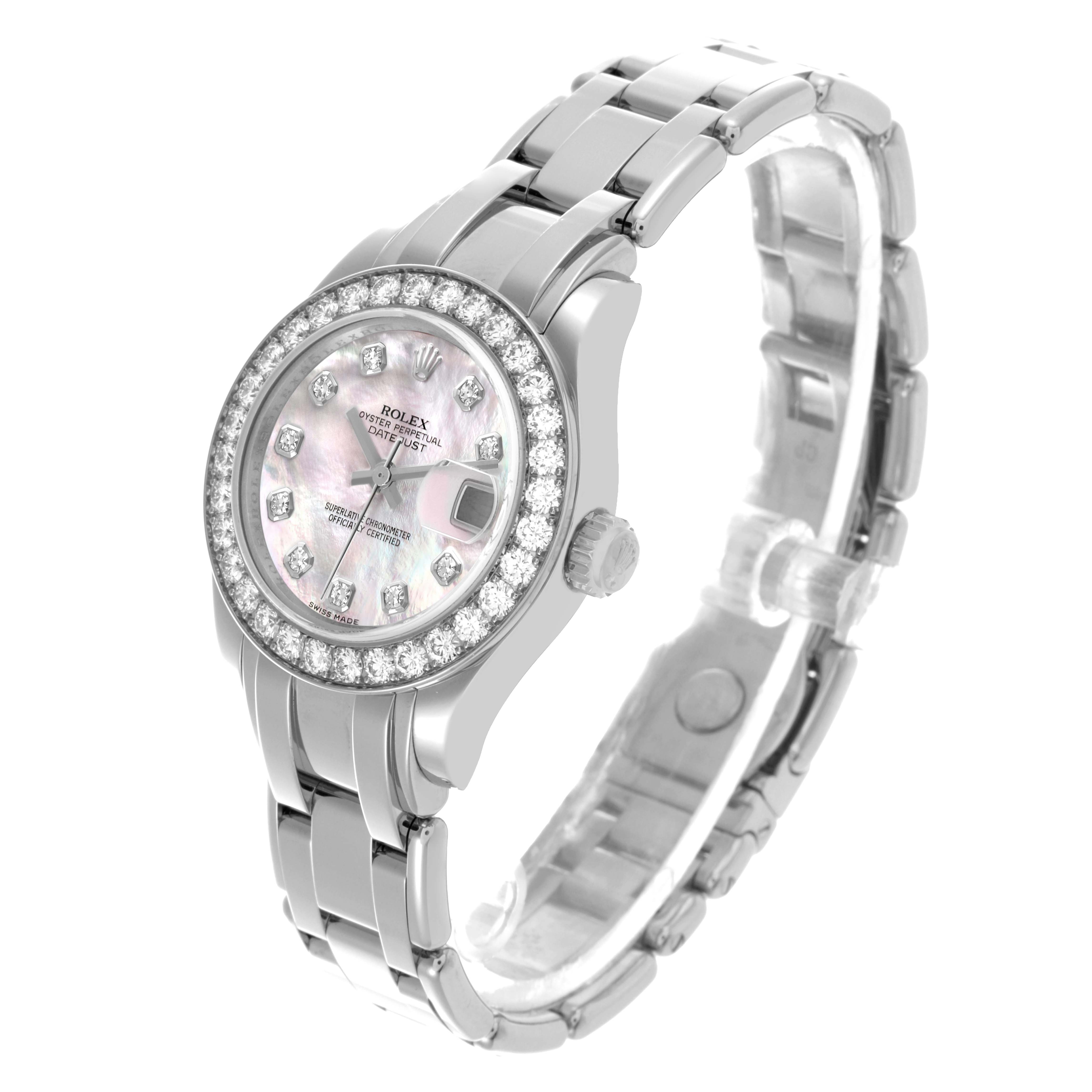 This Rolex Pearlmaster 80299 Women
s White Gold Mother of Pearl Dial 80299 Women
s White Gold Mother of Pearl Dial watch is shown at a three-quarter angle, highlighting the face, bezel, crown, and bracelet.