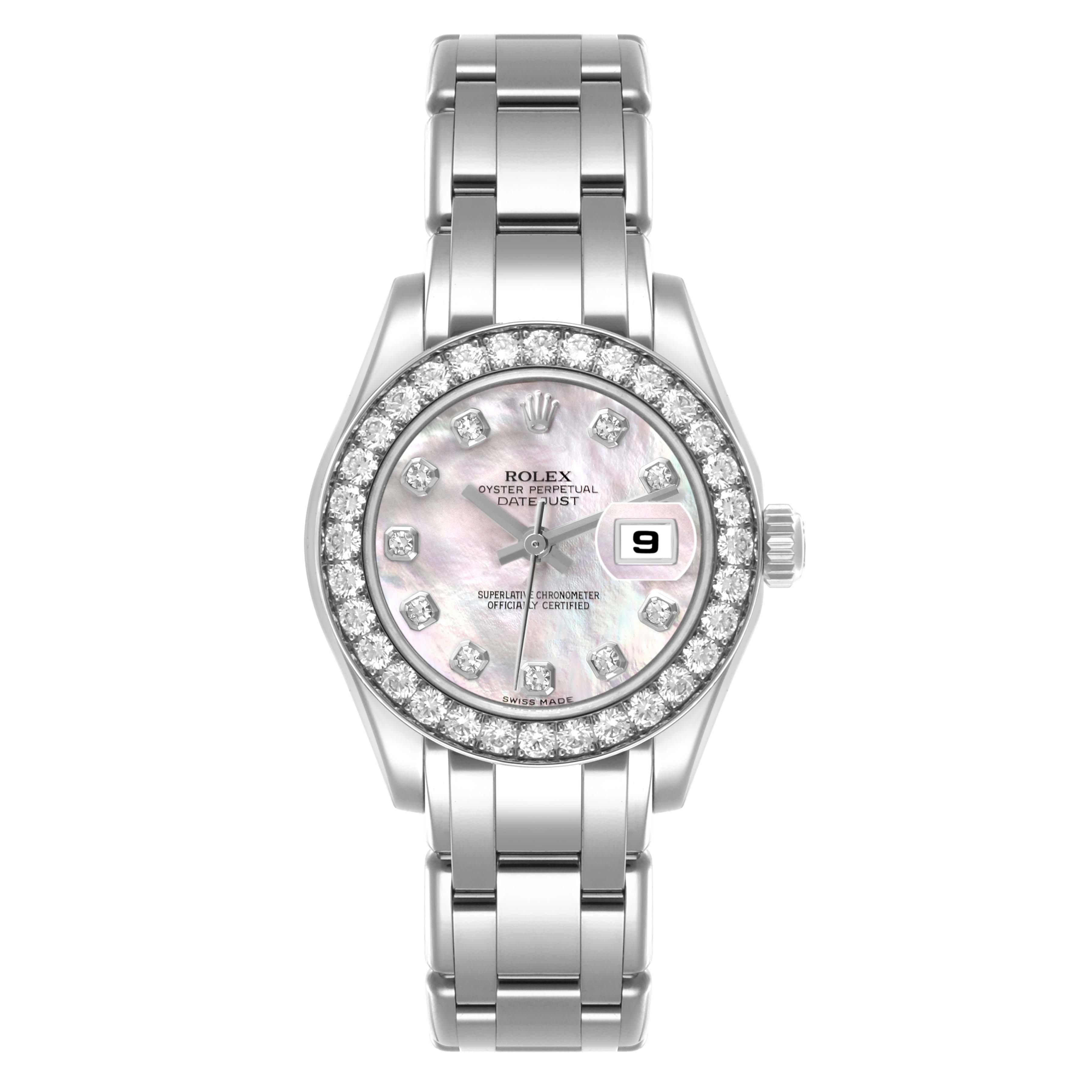 The Rolex Pearlmaster 80299 Women
s White Gold Mother of Pearl Dial 80299 Women
s White Gold Mother of Pearl Dial watch is shown from a top-down angle, displaying its face, bezel, and bracelet clearly.