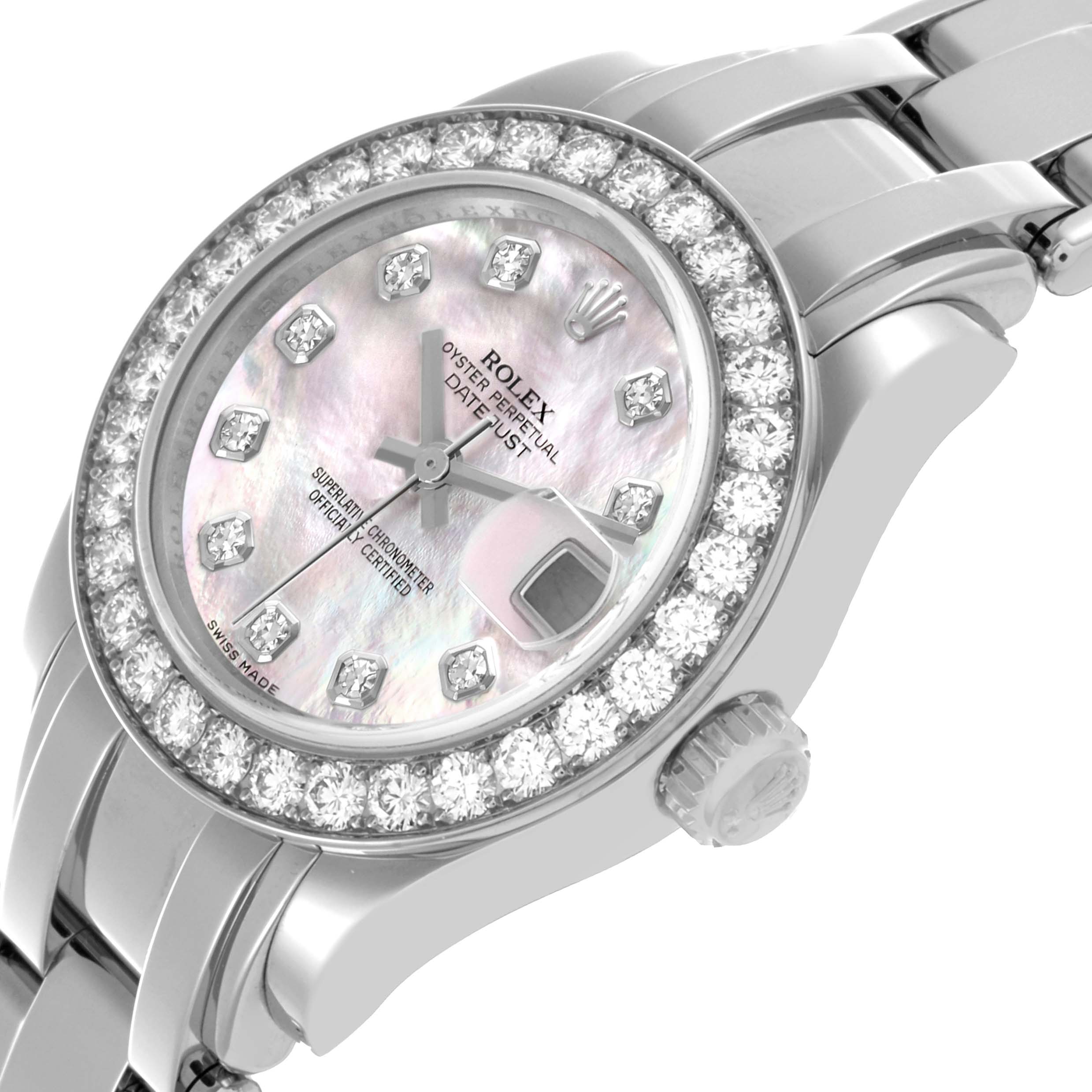 The Rolex Pearlmaster 80299 Women
s White Gold Mother of Pearl Dial 80299 Women
s White Gold Mother of Pearl Dial watch is shown at a slight angle, highlighting the diamond bezel, dial, bracelet, and crown.