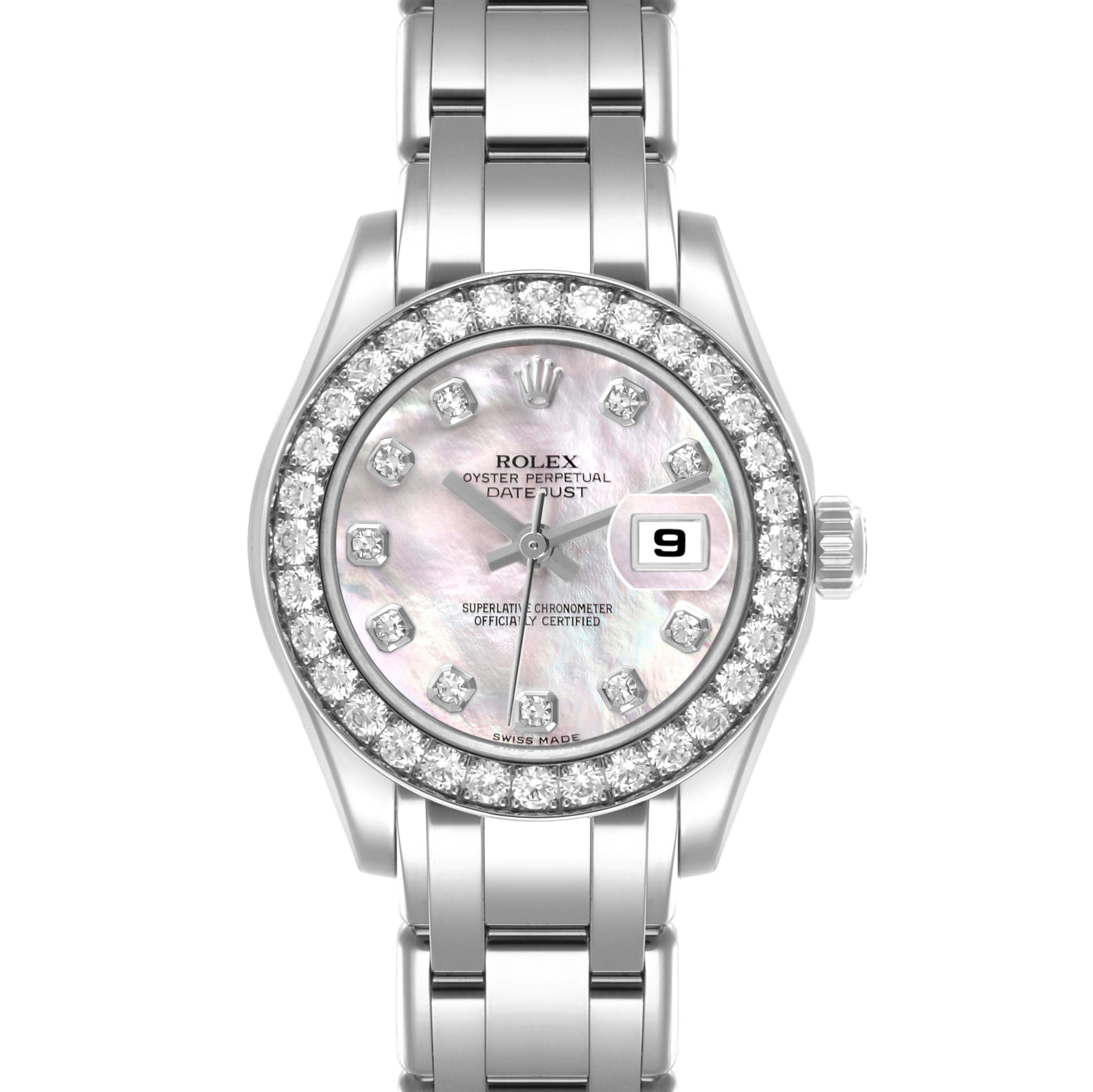 The Rolex Pearlmaster 80299 Women
s White Gold Mother of Pearl Dial 80299 Women
s White Gold Mother of Pearl Dial watch is shown from the front, highlighting the face, bezel with diamonds, and bracelet links.