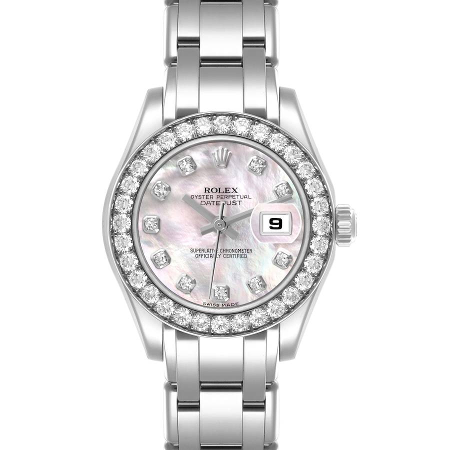 The Rolex Pearlmaster watch is shown from the front, highlighting the face, bezel with diamonds, and bracelet links.