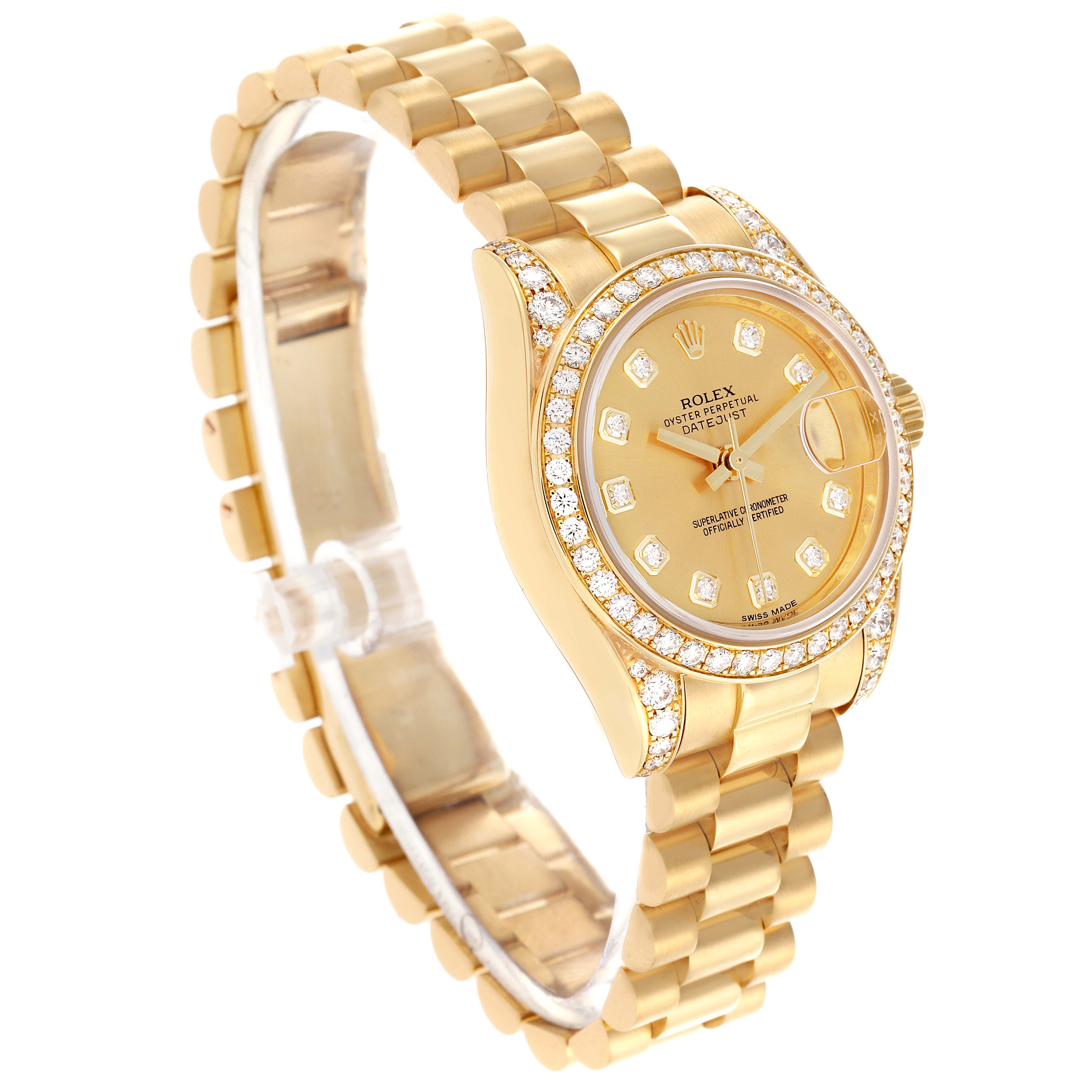 The Rolex President 179158 Women's Yellow Gold Champagne Dial 179158 Women's Yellow Gold Champagne Dial watch is shown at a three-quarter angle, highlighting its bracelet, bezel, and face with diamond accents.