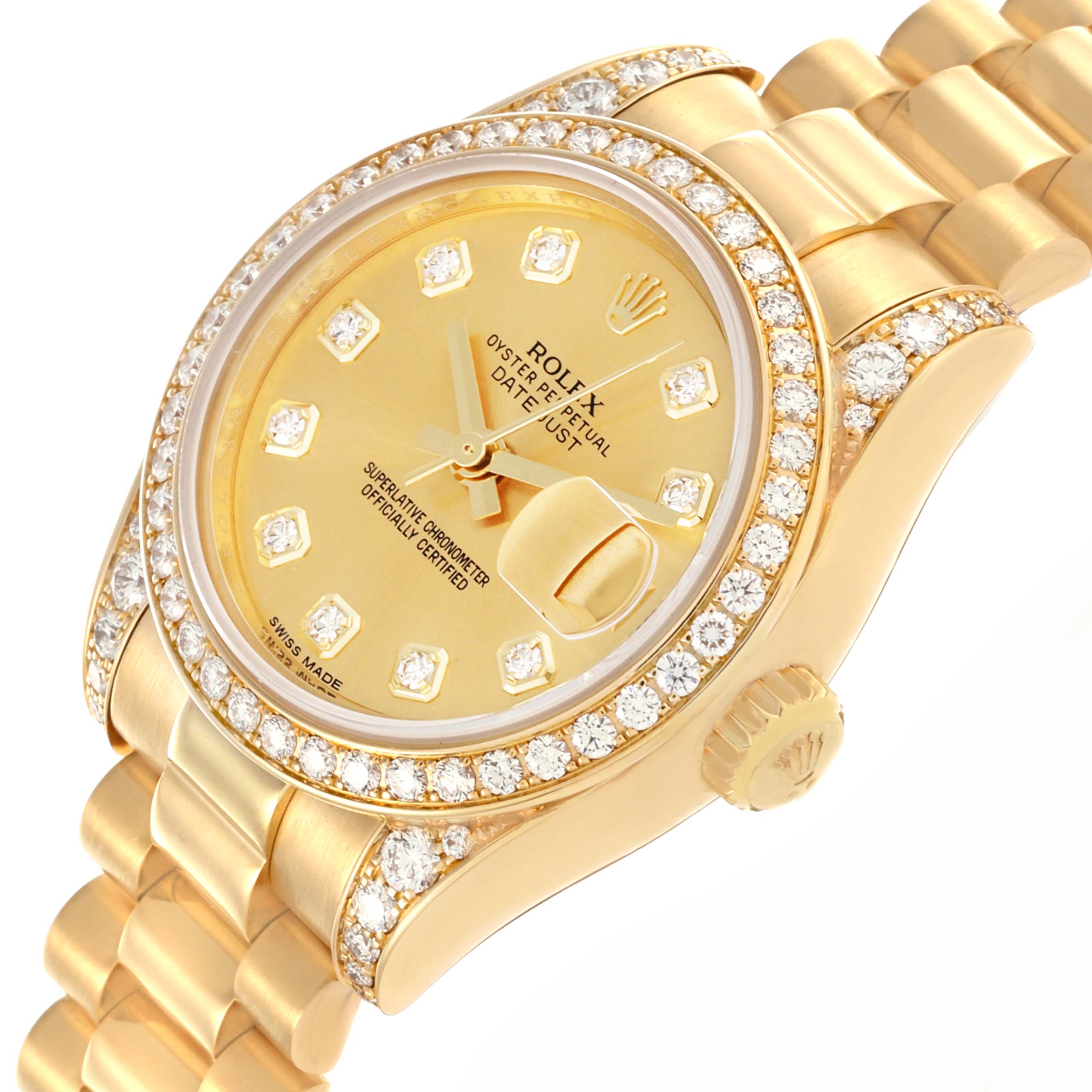 The Rolex President 179158 Women's Yellow Gold Champagne Dial 179158 Women's Yellow Gold Champagne Dial model watch is shown at an angle highlighting the dial, bezel, and part of the bracelet.