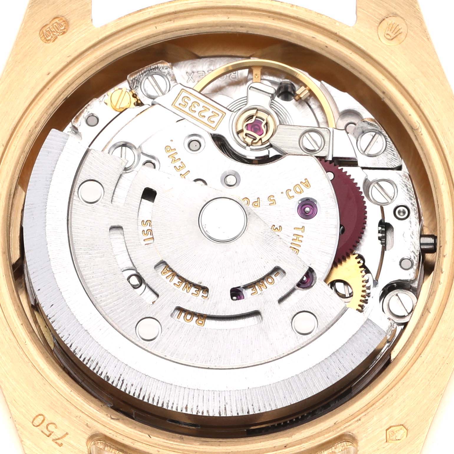 The image shows the movement mechanism of a Rolex President 179158 Women's Yellow Gold Champagne Dial 179158 Women's Yellow Gold Champagne Dial model from the back, highlighting the rotor and gears.