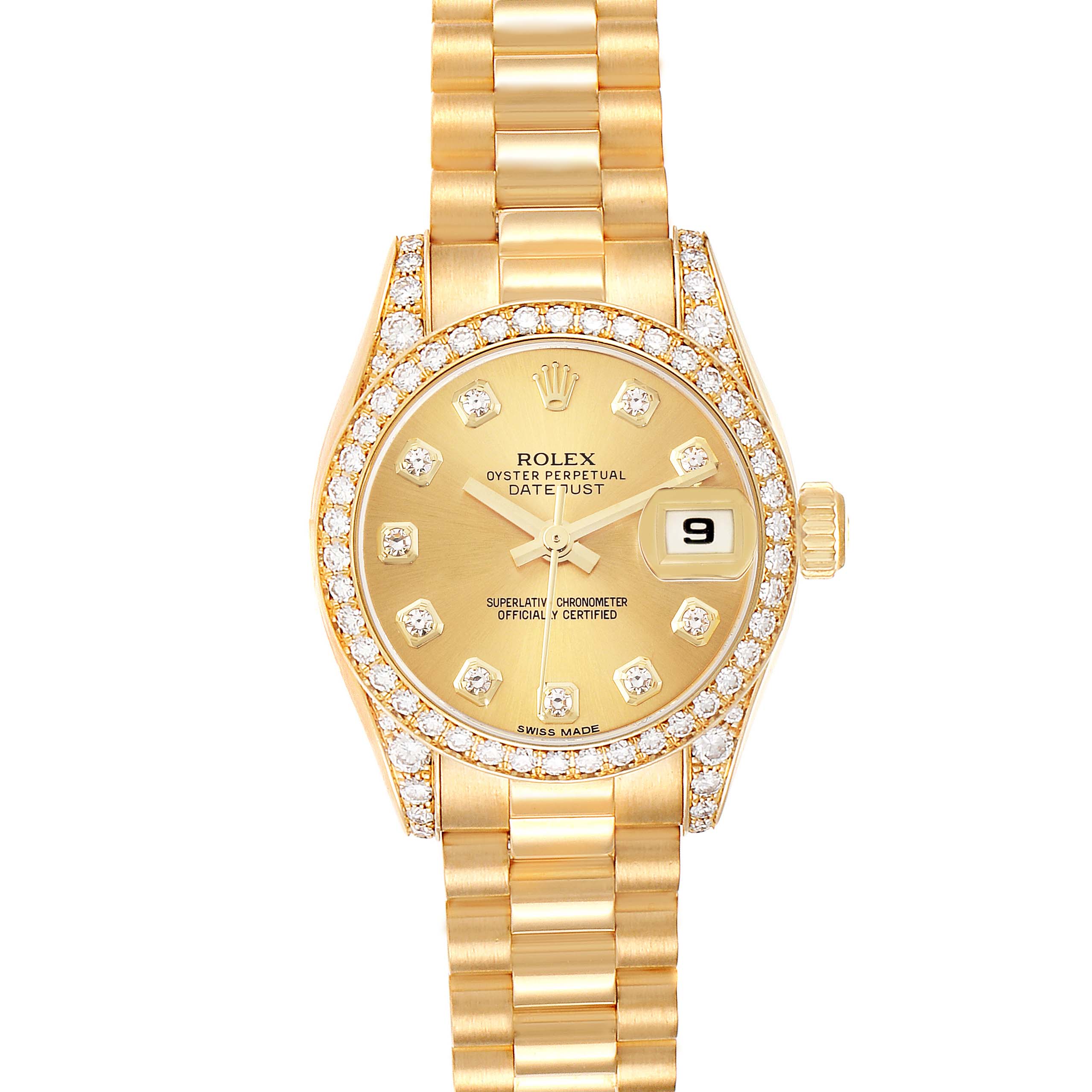 The Rolex President 179158 Women's Yellow Gold Champagne Dial 179158 Women's Yellow Gold Champagne Dial model is shown from the front, highlighting its gold bracelet, diamond-encrusted bezel, and dial.