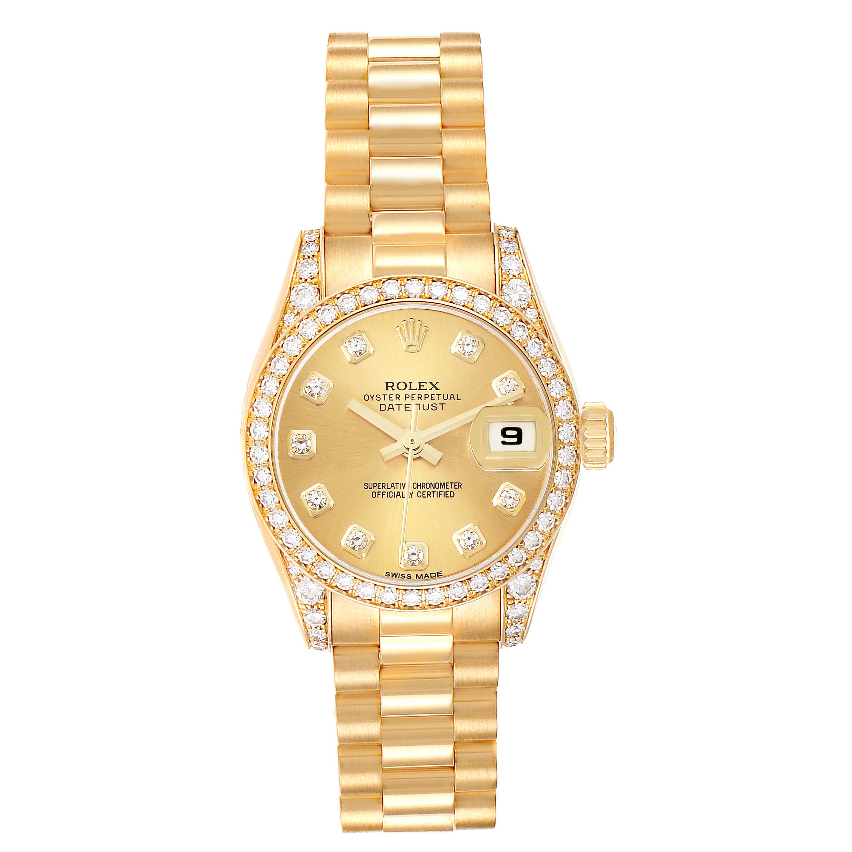 The Rolex President 179158 Women's Yellow Gold Champagne Dial 179158 Women's Yellow Gold Champagne Dial model watch is shown from a top-down angle, highlighting the bracelet, dial, and diamond-encrusted bezel.