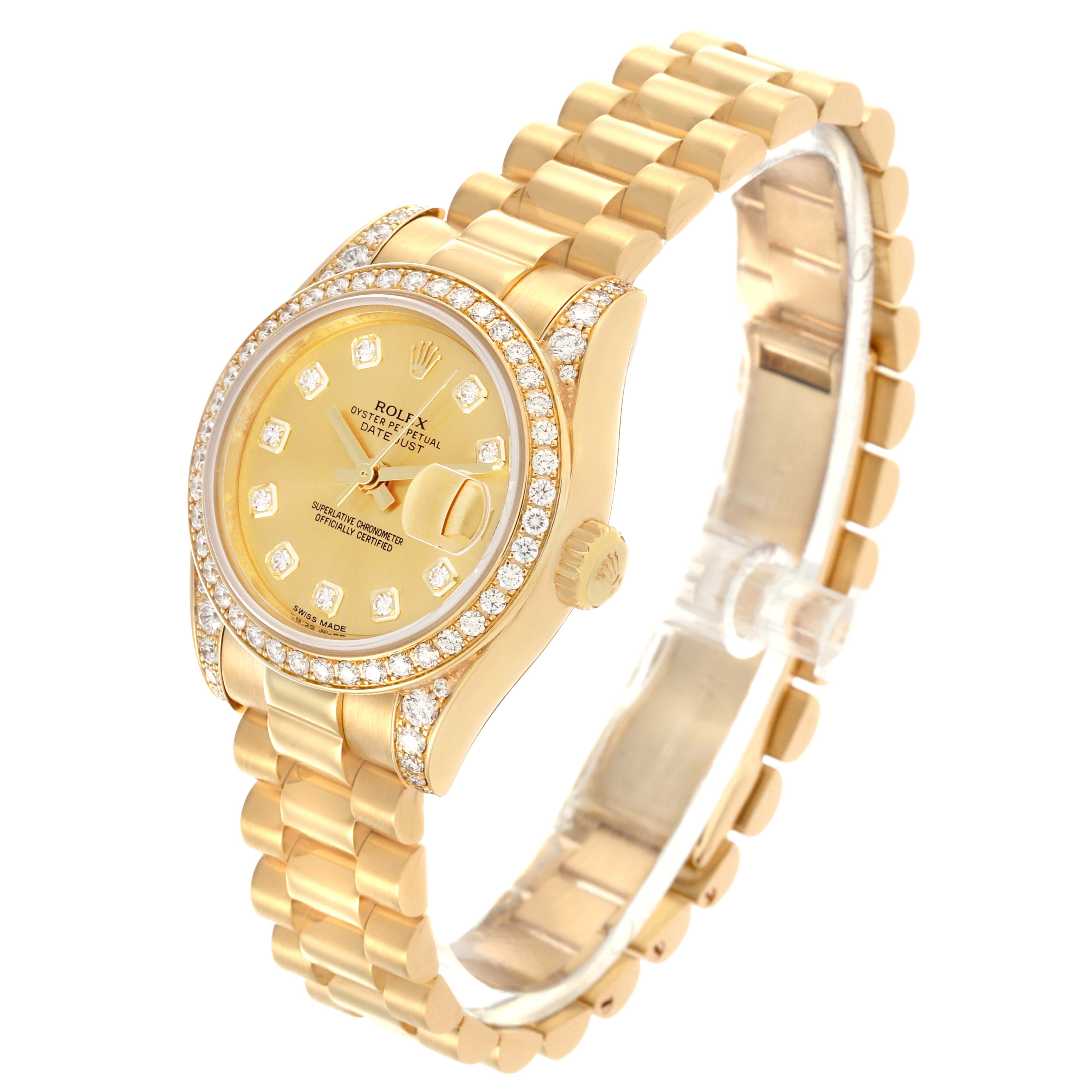 The Rolex President 179158 Women's Yellow Gold Champagne Dial 179158 Women's Yellow Gold Champagne Dial model is shown at an angled view, displaying the gold case, bracelet, bezel, and dial with diamond markers.
