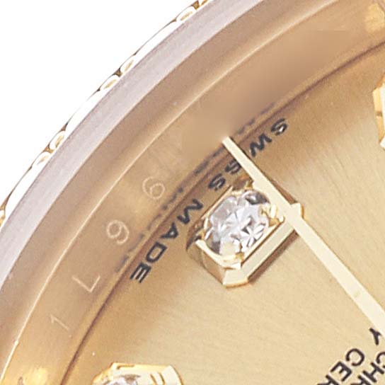 The image shows a close-up of the Rolex President 179158 Women's Yellow Gold Champagne Dial 179158 Women's Yellow Gold Champagne Dial watch dial, highlighting a diamond hour marker and the "Swiss Made" text.