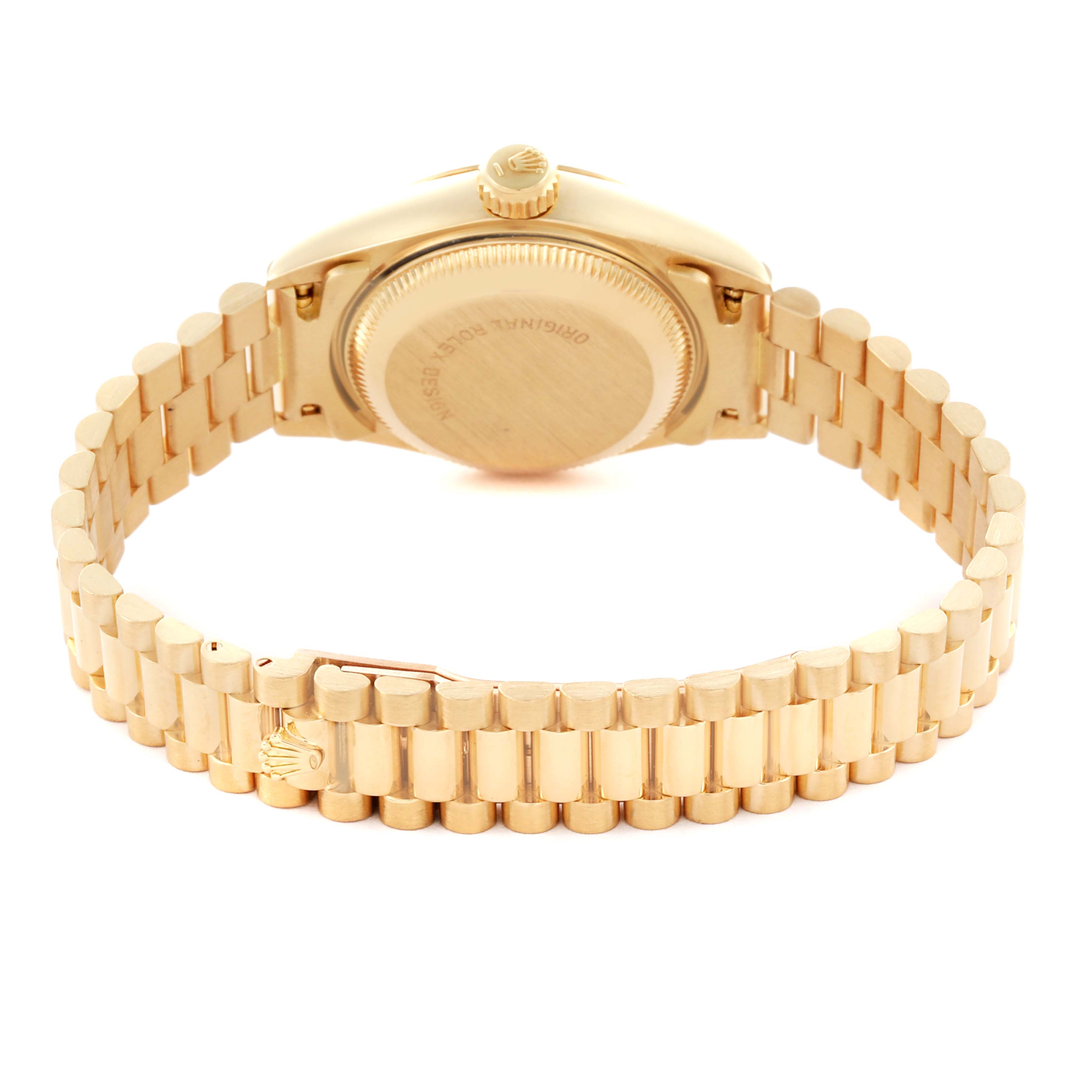 The Rolex President 69178 Women's Yellow Gold Champagne Dial 69178 Women's Yellow Gold Champagne Dial model watch is shown from the back, highlighting the case back and the gold bracelet with the clasp.