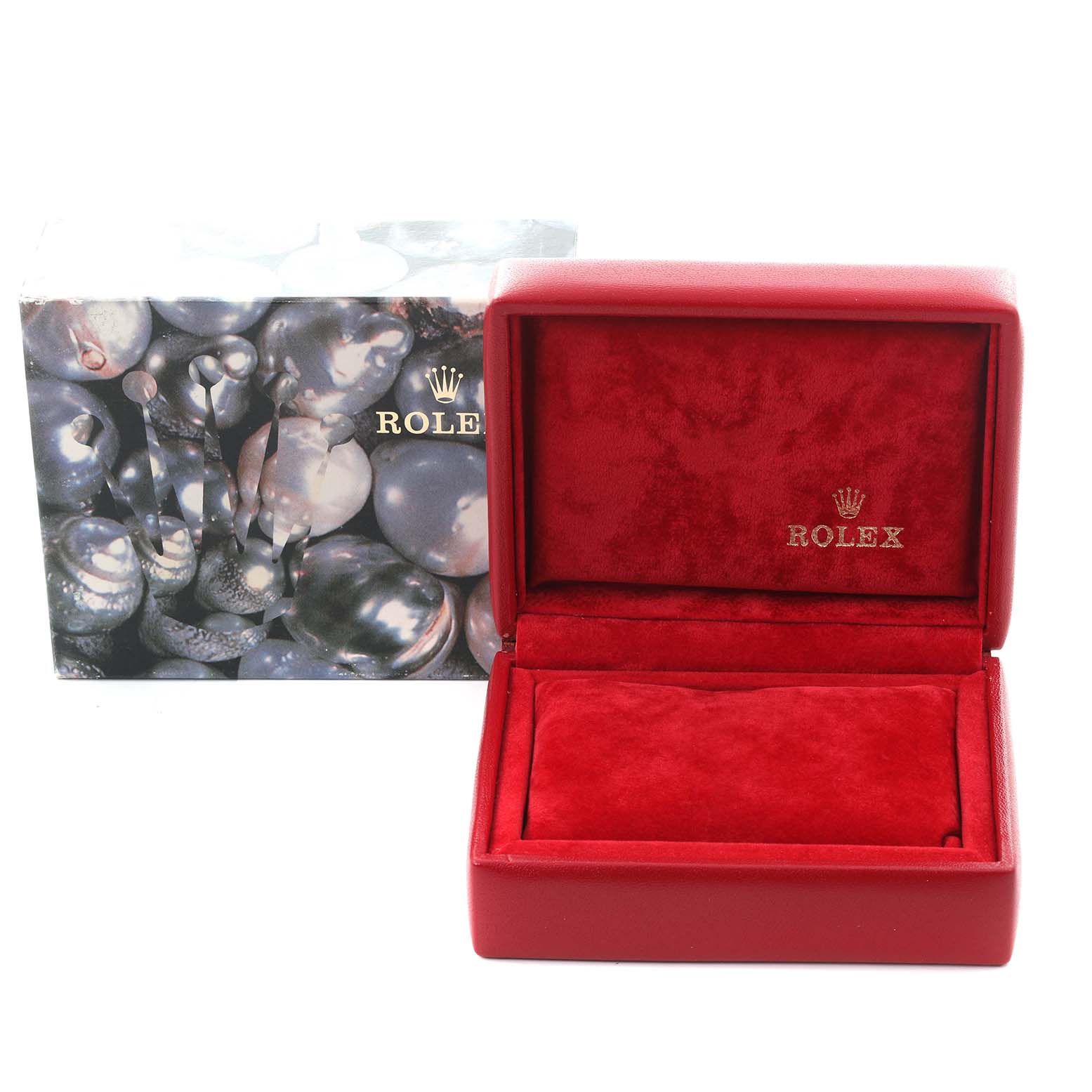 The image shows an open red box for a Rolex President 69178 Women's Yellow Gold Champagne Dial 69178 Women's Yellow Gold Champagne Dial watch with velvet interior and the branded exterior packaging.