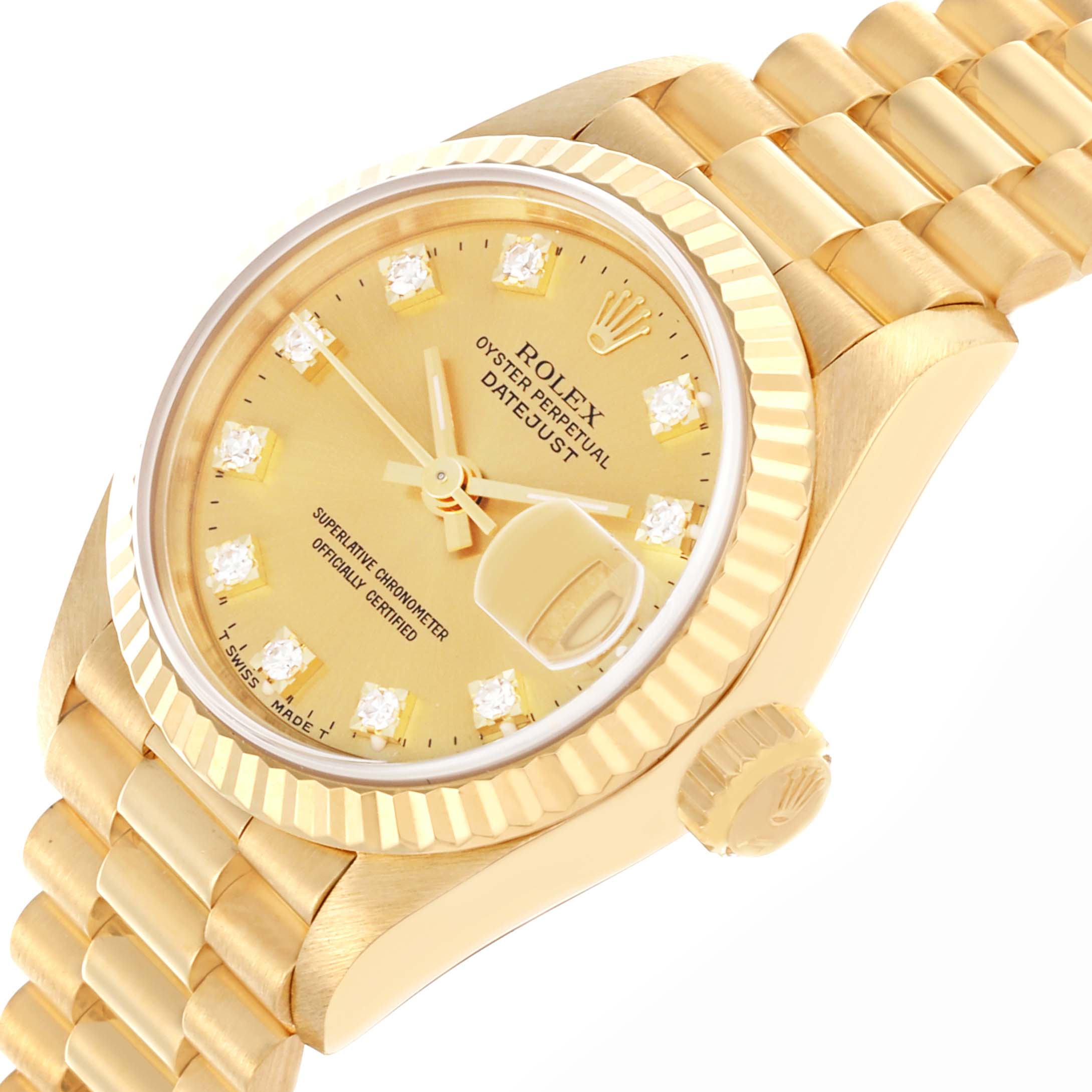 The Rolex President 69178 Women's Yellow Gold Champagne Dial 69178 Women's Yellow Gold Champagne Dial model is shown at an angle displaying the dial, bezel, crown, and part of the bracelet.