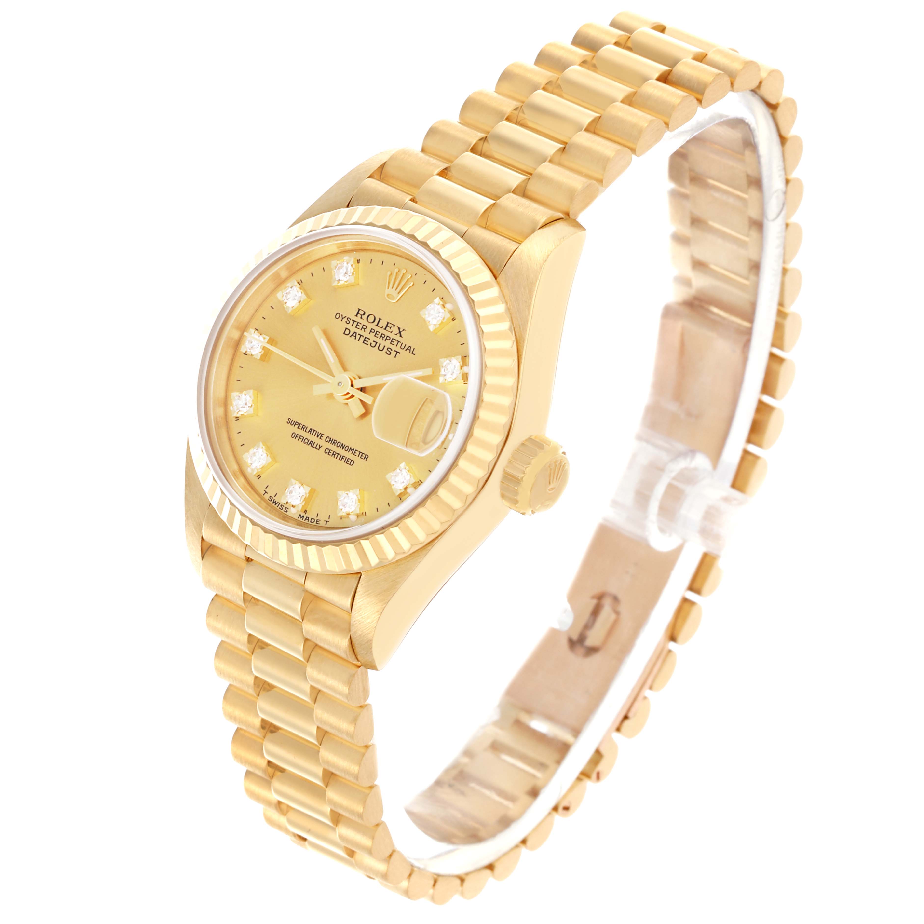 The Rolex President 69178 Women's Yellow Gold Champagne Dial 69178 Women's Yellow Gold Champagne Dial watch is shown at an angled view, highlighting the face, bracelet, and crown.