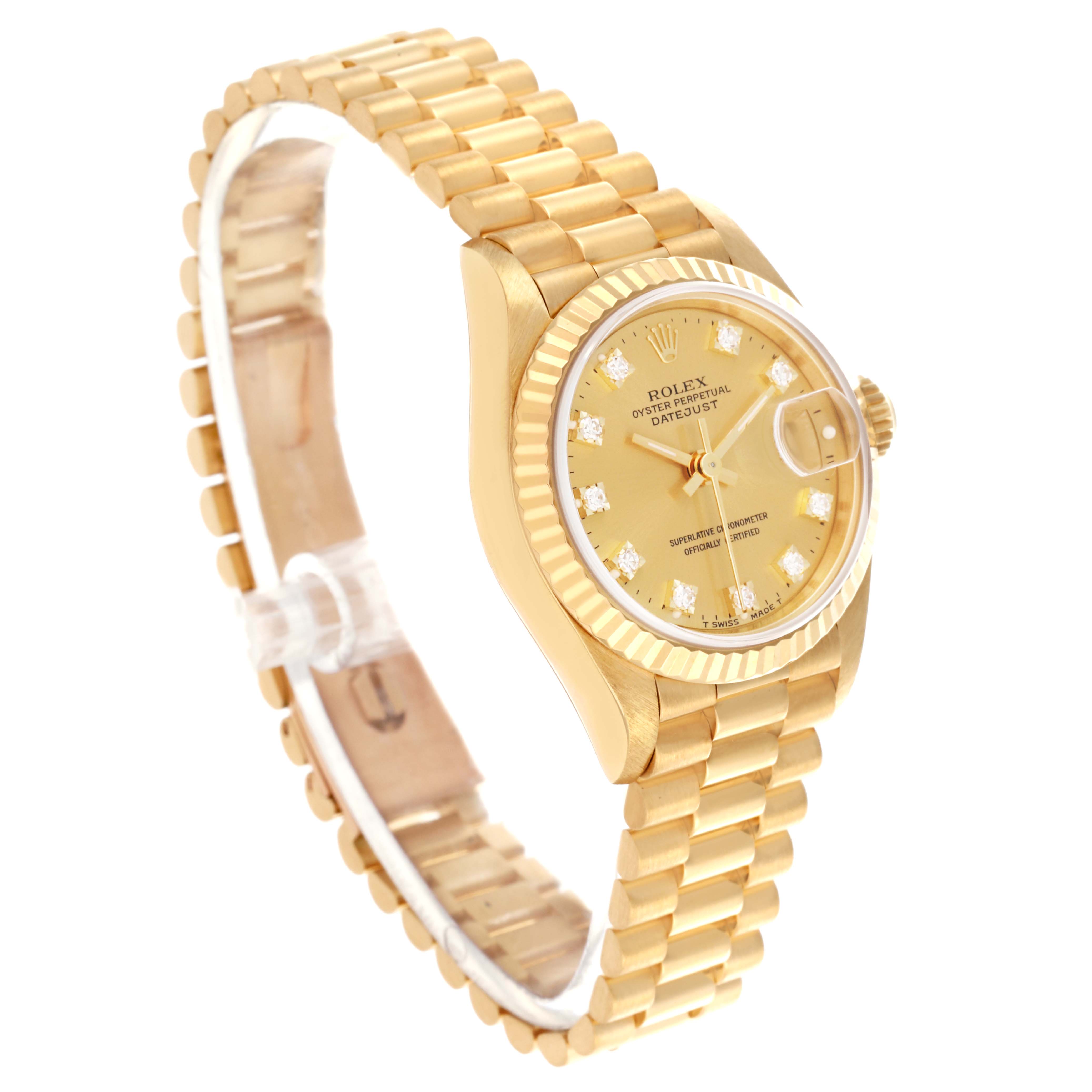 The Rolex President 69178 Women's Yellow Gold Champagne Dial 69178 Women's Yellow Gold Champagne Dial model is shown at a slight angle, displaying its gold case, bracelet, and dial with date window.