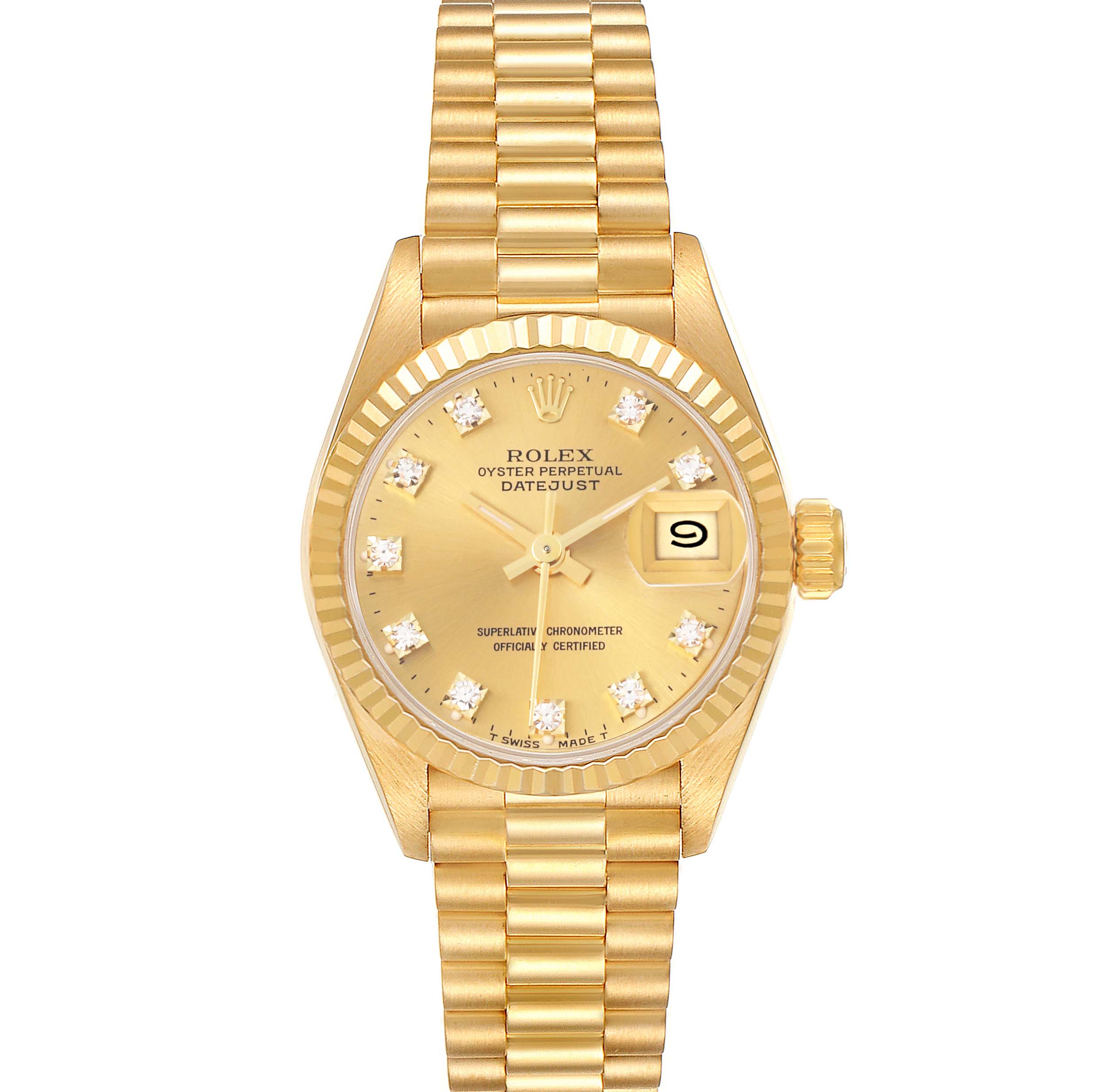 The Rolex President 69178 Women's Yellow Gold Champagne Dial 69178 Women's Yellow Gold Champagne Dial model is shown from a front angle, highlighting the dial, bezel, and bracelet.