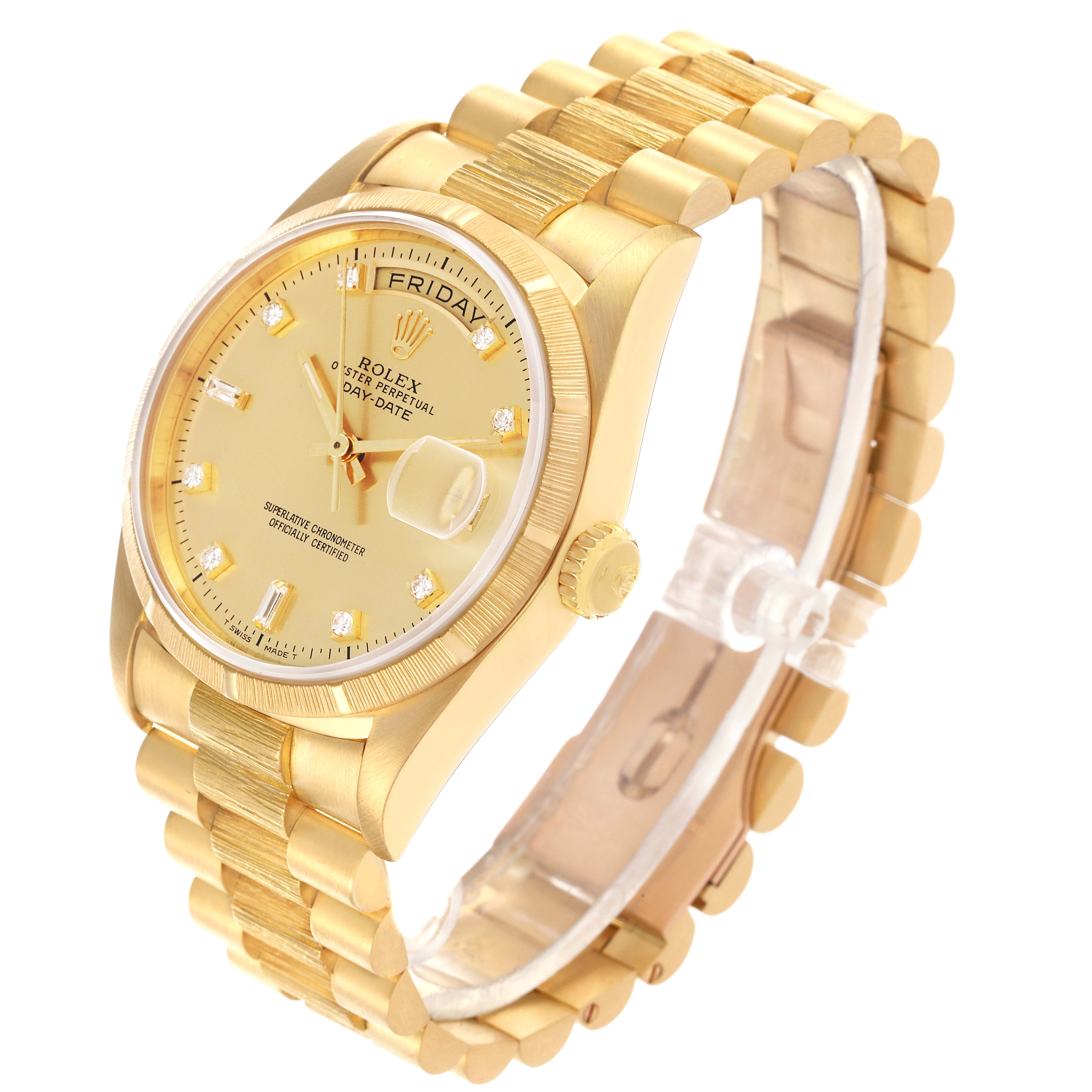 The Rolex President 18248 Men's Yellow Gold Champagne Dial 18248 Men's Yellow Gold Champagne Dial watch is shown at a slight angle, displaying the face, bracelet, and crown.