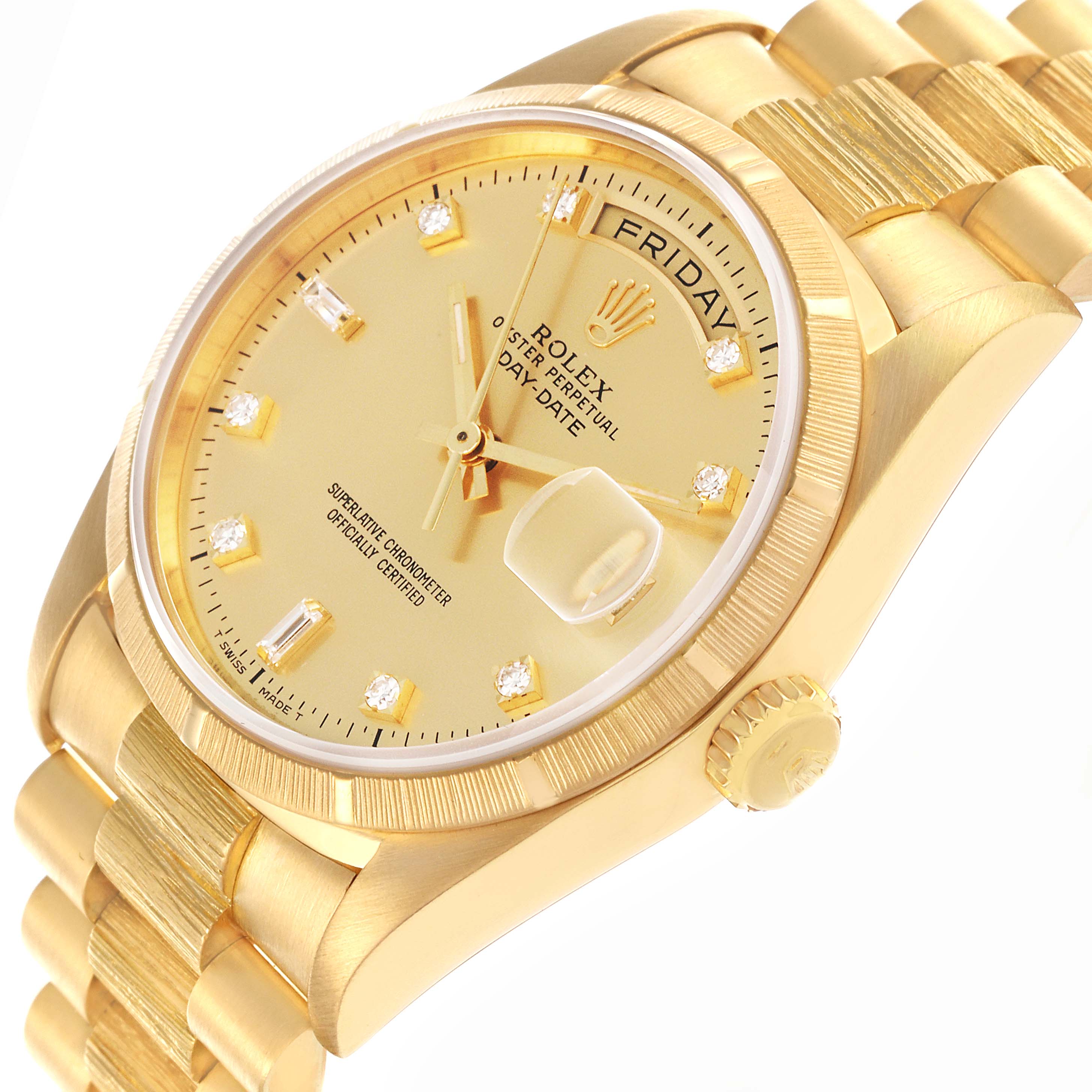 The Rolex President 18248 Men's Yellow Gold Champagne Dial 18248 Men's Yellow Gold Champagne Dial watch is shown at an angled view, highlighting the dial, bezel, crown, and bracelet.