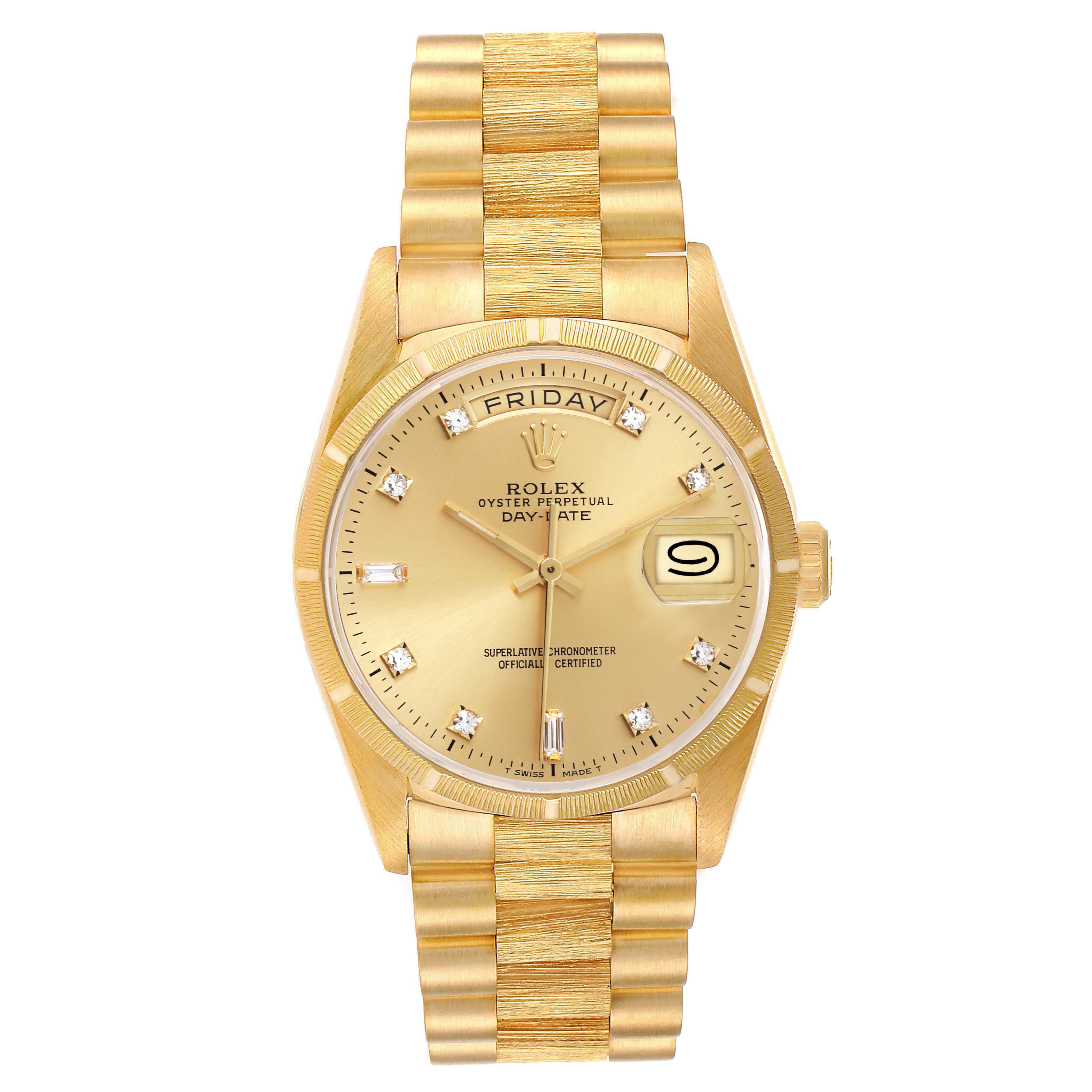 The Rolex President 18248 Men's Yellow Gold Champagne Dial 18248 Men's Yellow Gold Champagne Dial watch is shown from a front angle, displaying the dial, bezel, and bracelet fully.