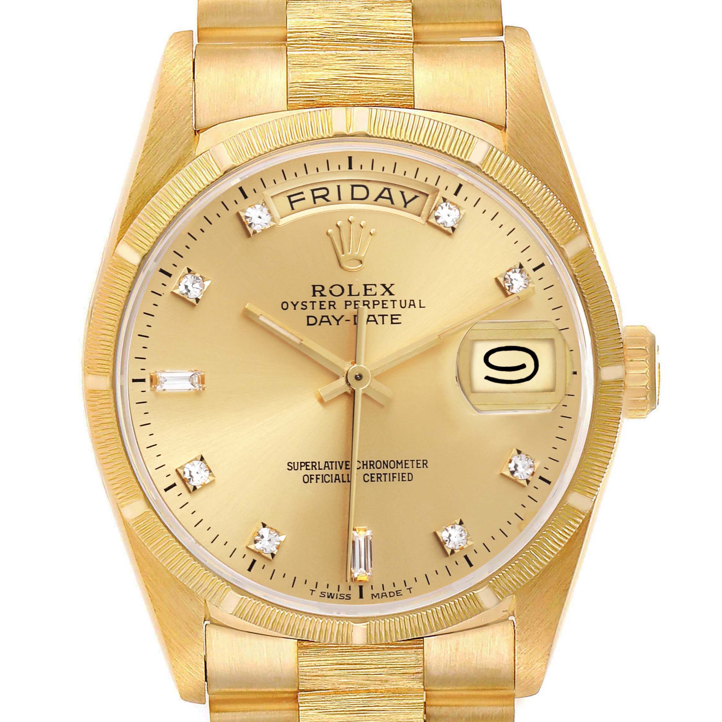 The Rolex President 18248 Men's Yellow Gold Champagne Dial 18248 Men's Yellow Gold Champagne Dial model is shown from a front angle, highlighting its gold dial, diamond hour markers, and day-date features.