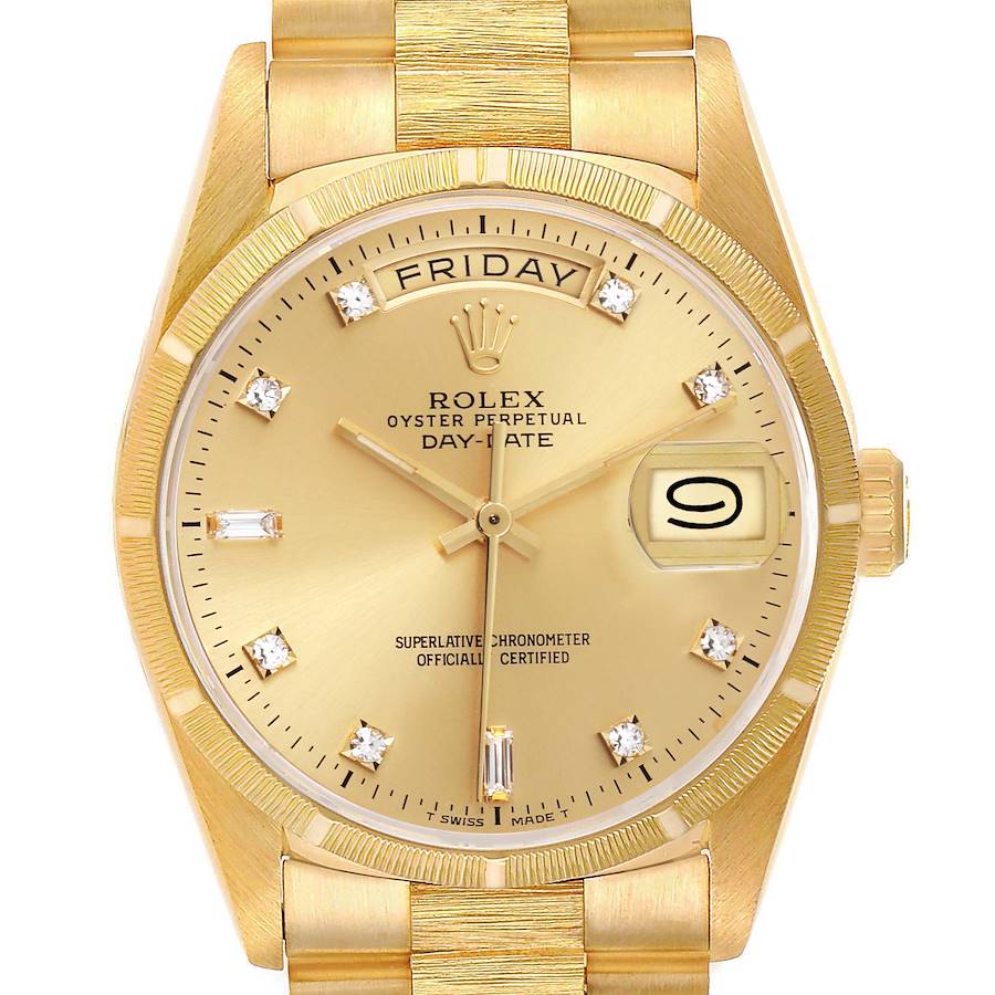 The Rolex President model is shown from a front angle, highlighting its gold dial, diamond hour markers, and day-date features.