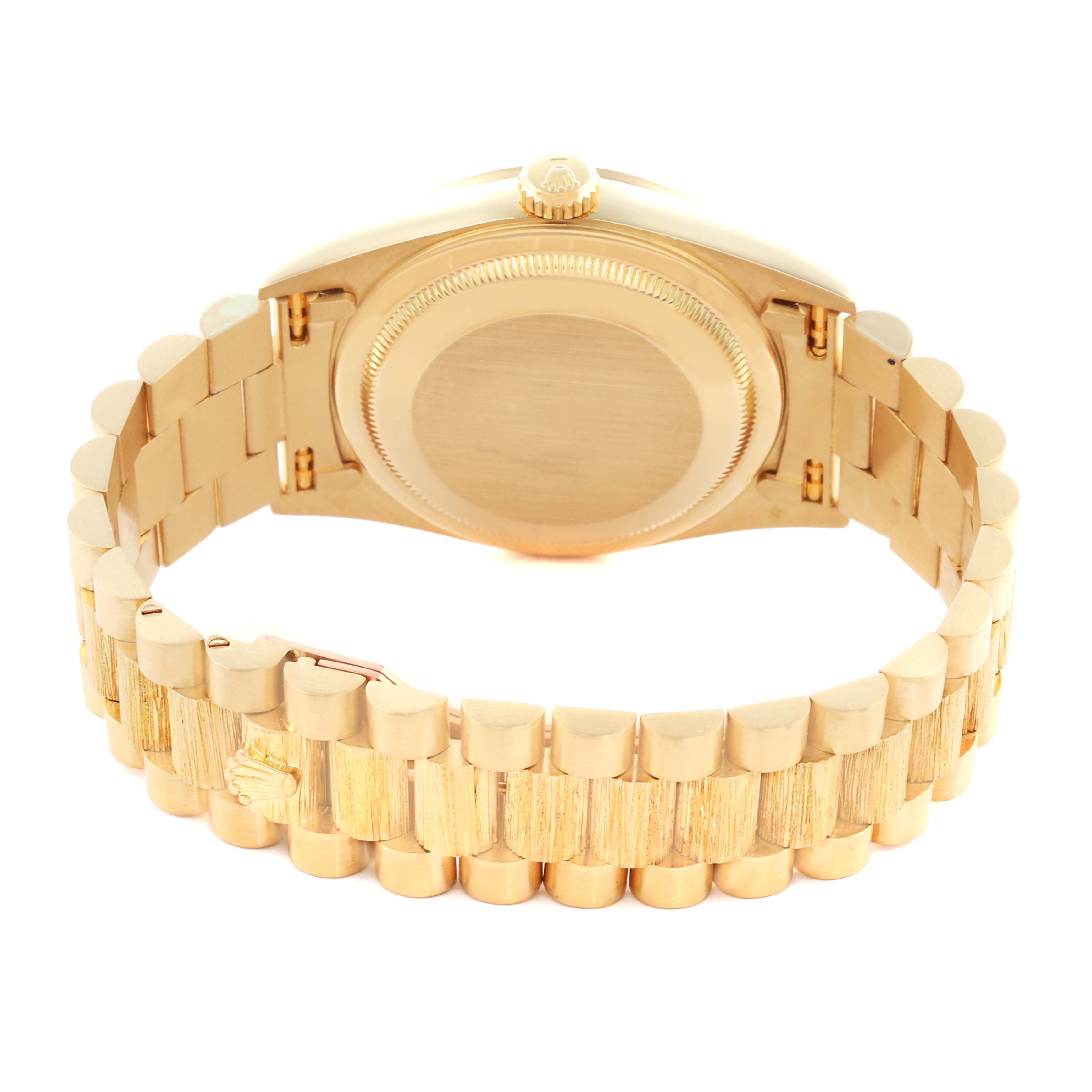 The image shows the back view of the Rolex President 18248 Men's Yellow Gold Champagne Dial 18248 Men's Yellow Gold Champagne Dial model, highlighting the case back and bracelet.