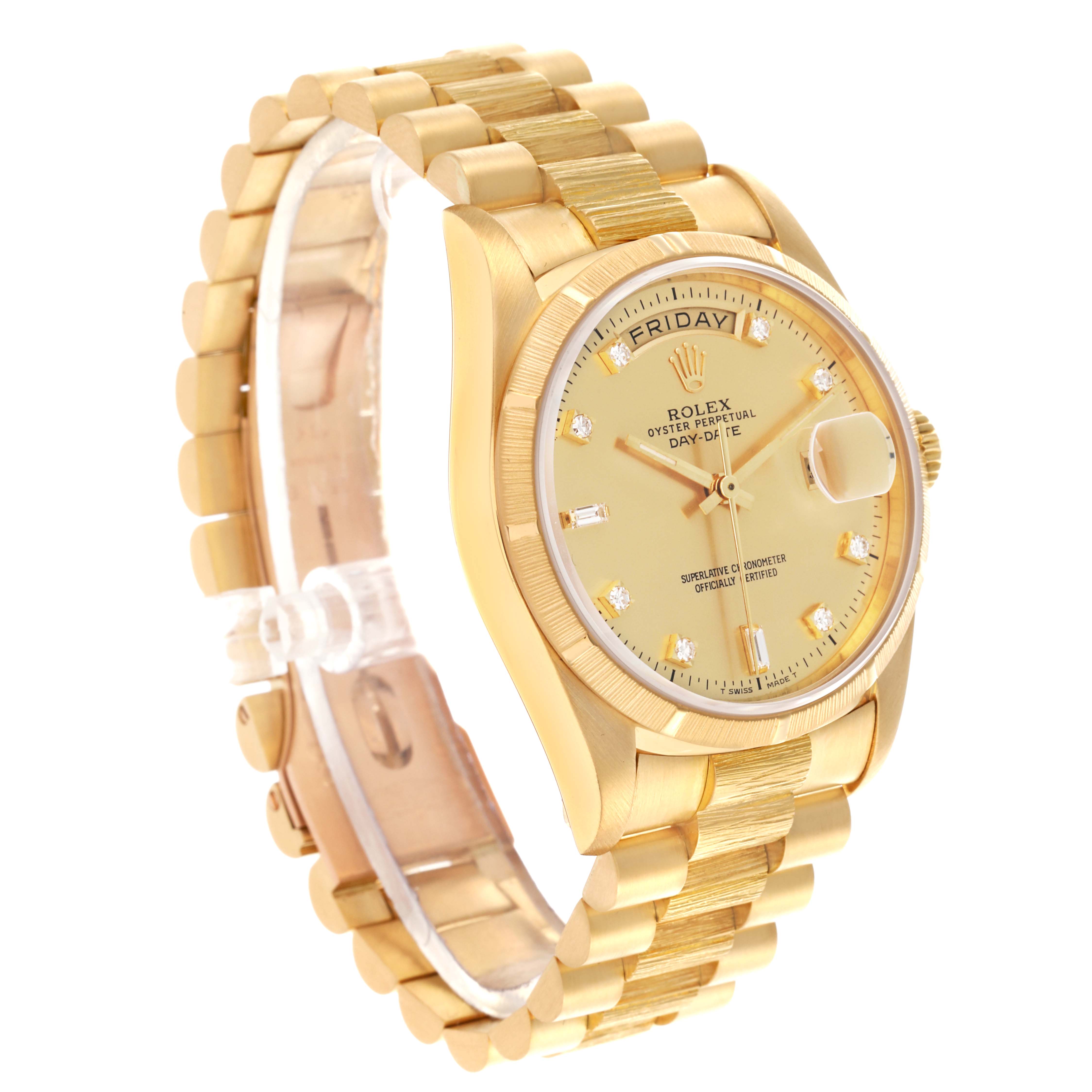 The Rolex President 18248 Men's Yellow Gold Champagne Dial 18248 Men's Yellow Gold Champagne Dial model watch is shown at a three-quarter angle, highlighting the dial, bezel, and bracelet.