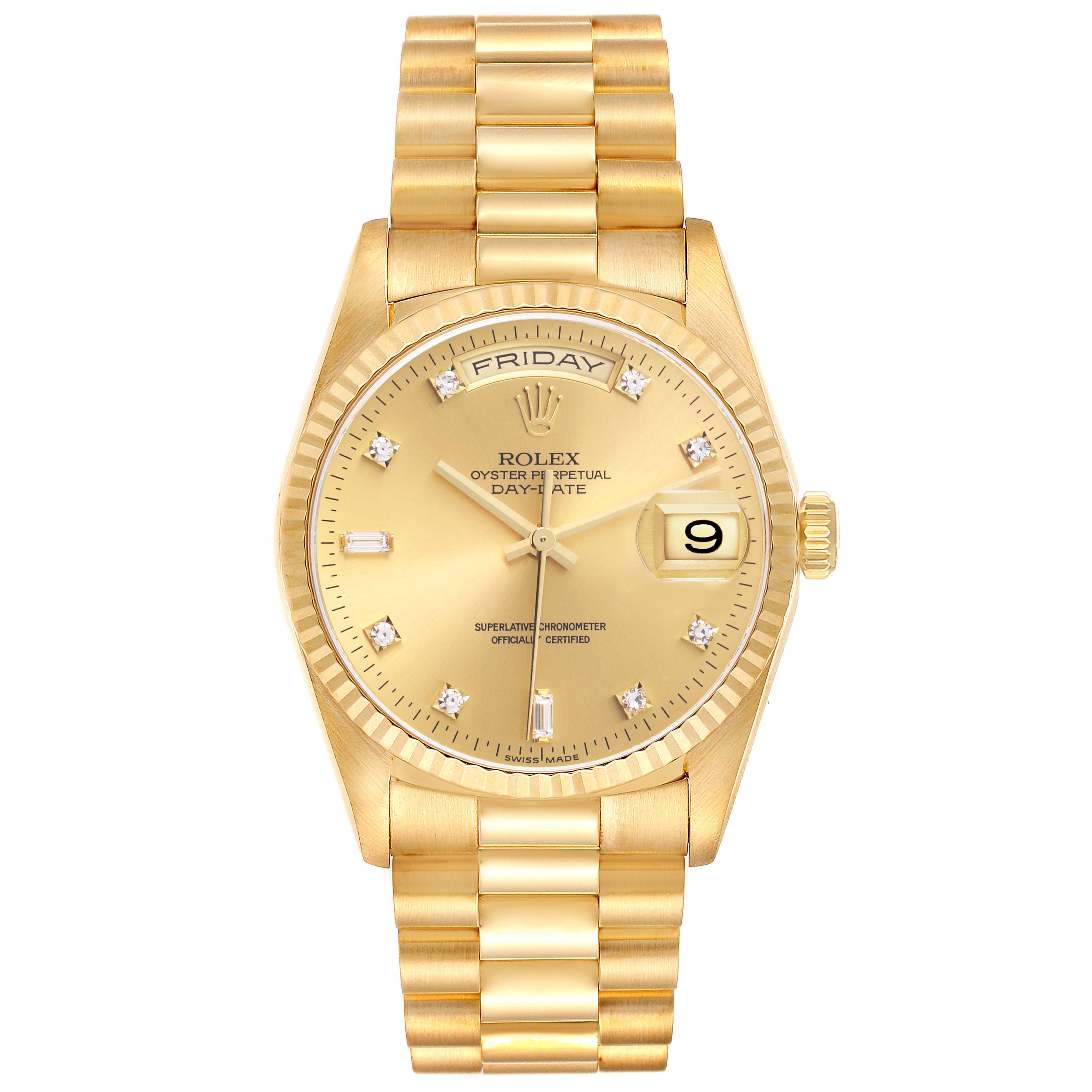 The Rolex President 18238 Men's Yellow Gold Champagne Dial 18238 Men's Yellow Gold Champagne Dial model is shown from a top-down angle, displaying its face, bracelet, and day-date feature prominently.
