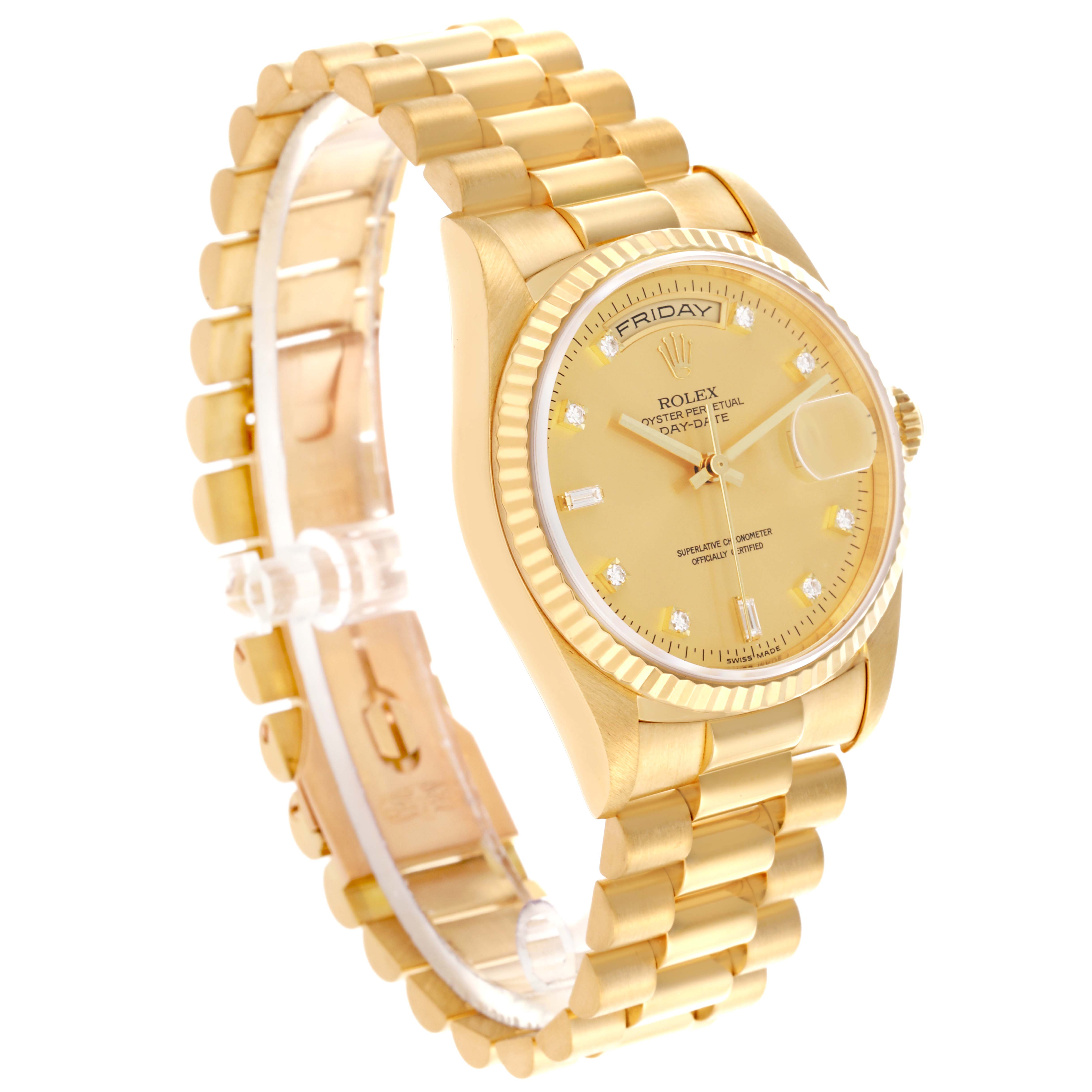 The Rolex President 18238 Men's Yellow Gold Champagne Dial 18238 Men's Yellow Gold Champagne Dial model is shown at a slight angle, displaying the face, fluted bezel, and President bracelet.