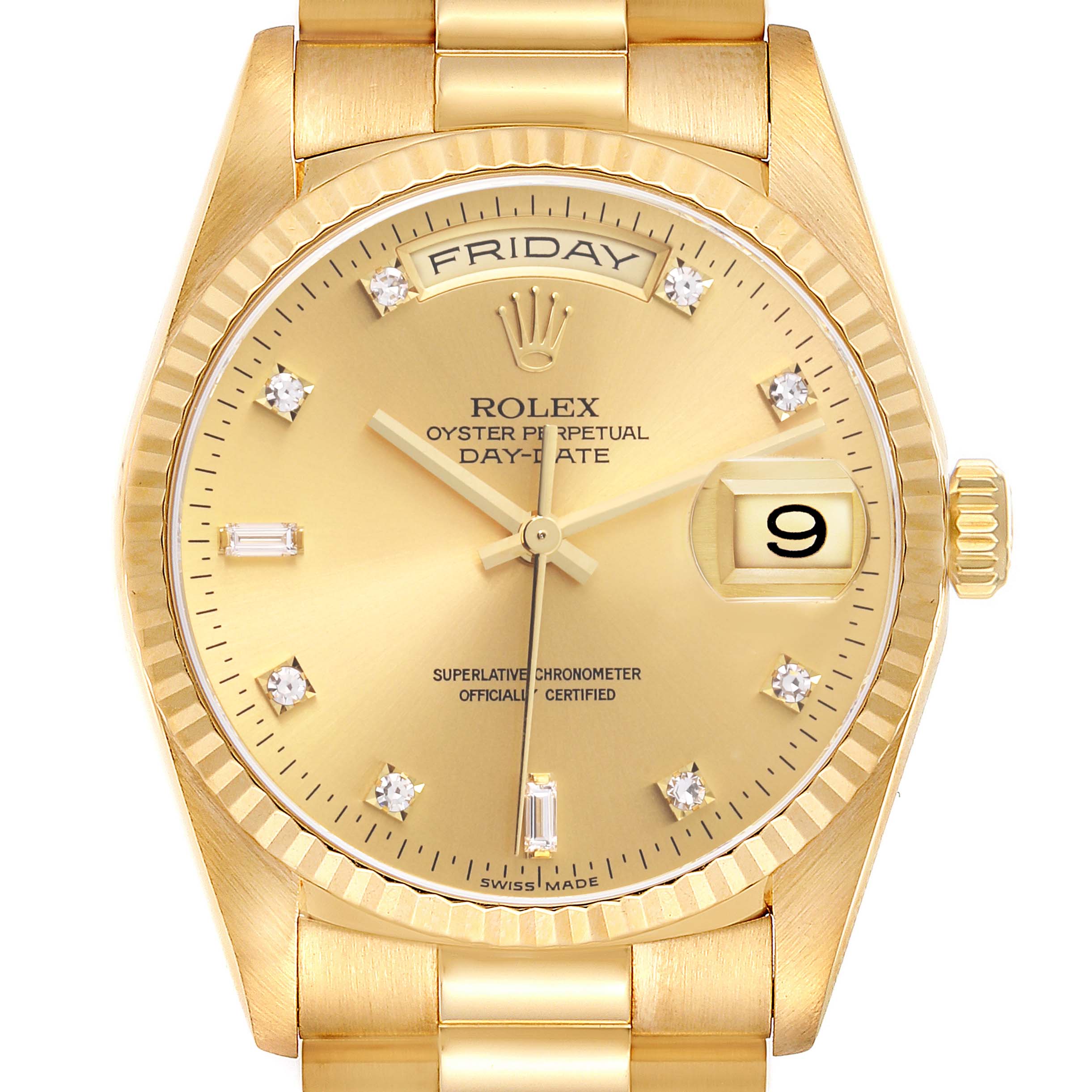 The image shows a Rolex President 18238 Men's Yellow Gold Champagne Dial 18238 Men's Yellow Gold Champagne Dial watch face-up, highlighting the dial, day-date display, and part of the bracelet.