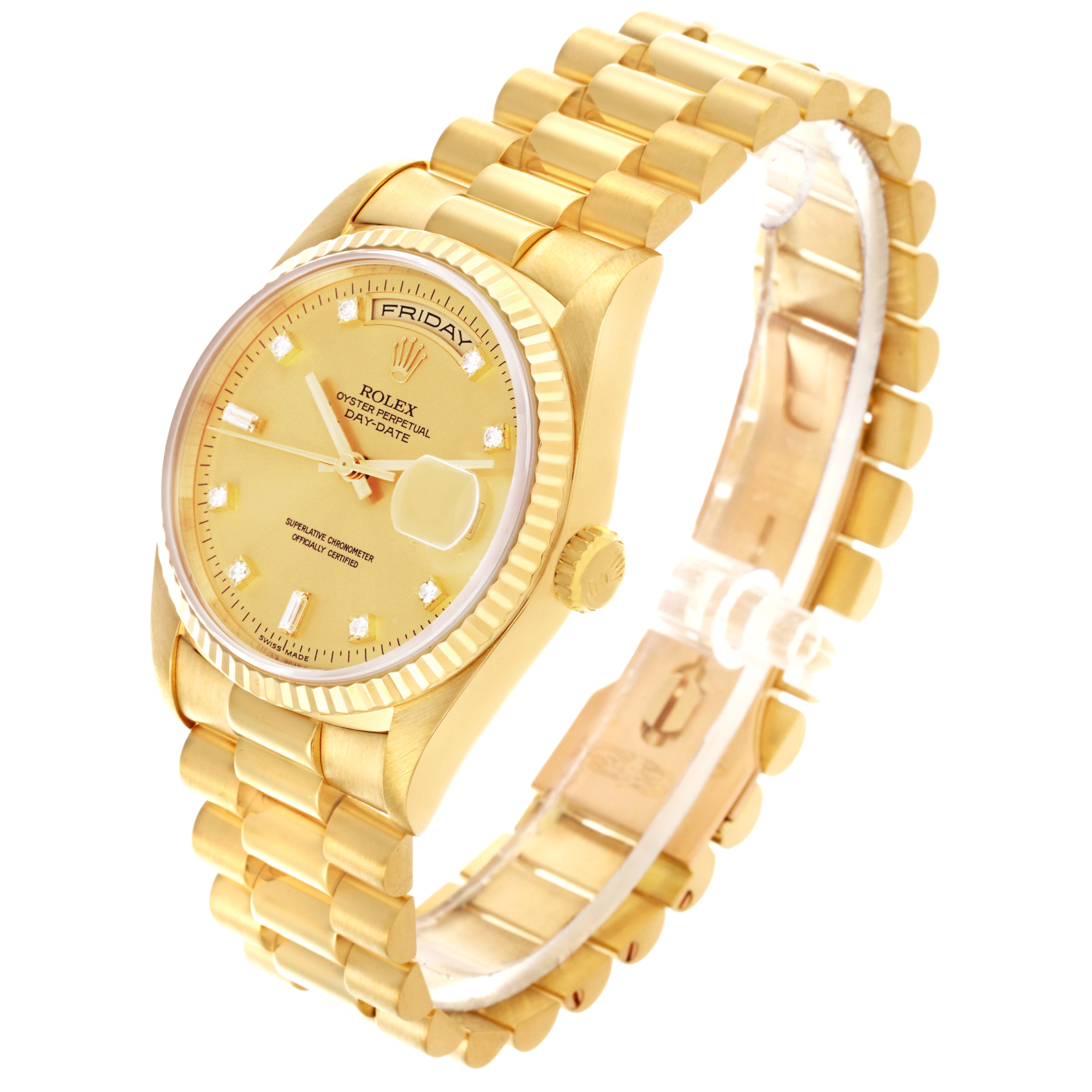 The Rolex President 18238 Men's Yellow Gold Champagne Dial 18238 Men's Yellow Gold Champagne Dial watch is shown at a slight angle, displaying the dial, case, crown, and bracelet prominently.