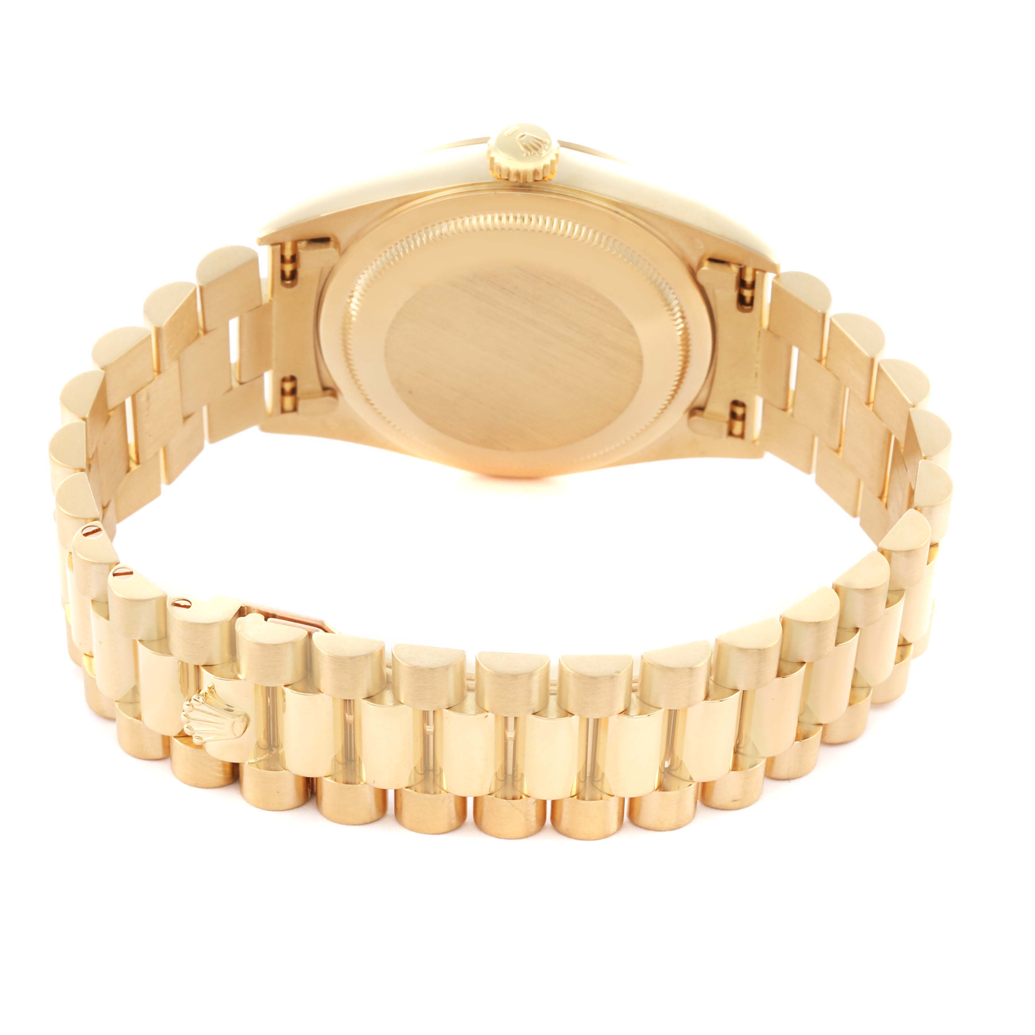 The image shows the back of the Rolex President 18238 Men's Yellow Gold Champagne Dial 18238 Men's Yellow Gold Champagne Dial model watch with a focus on the bracelet and case back.