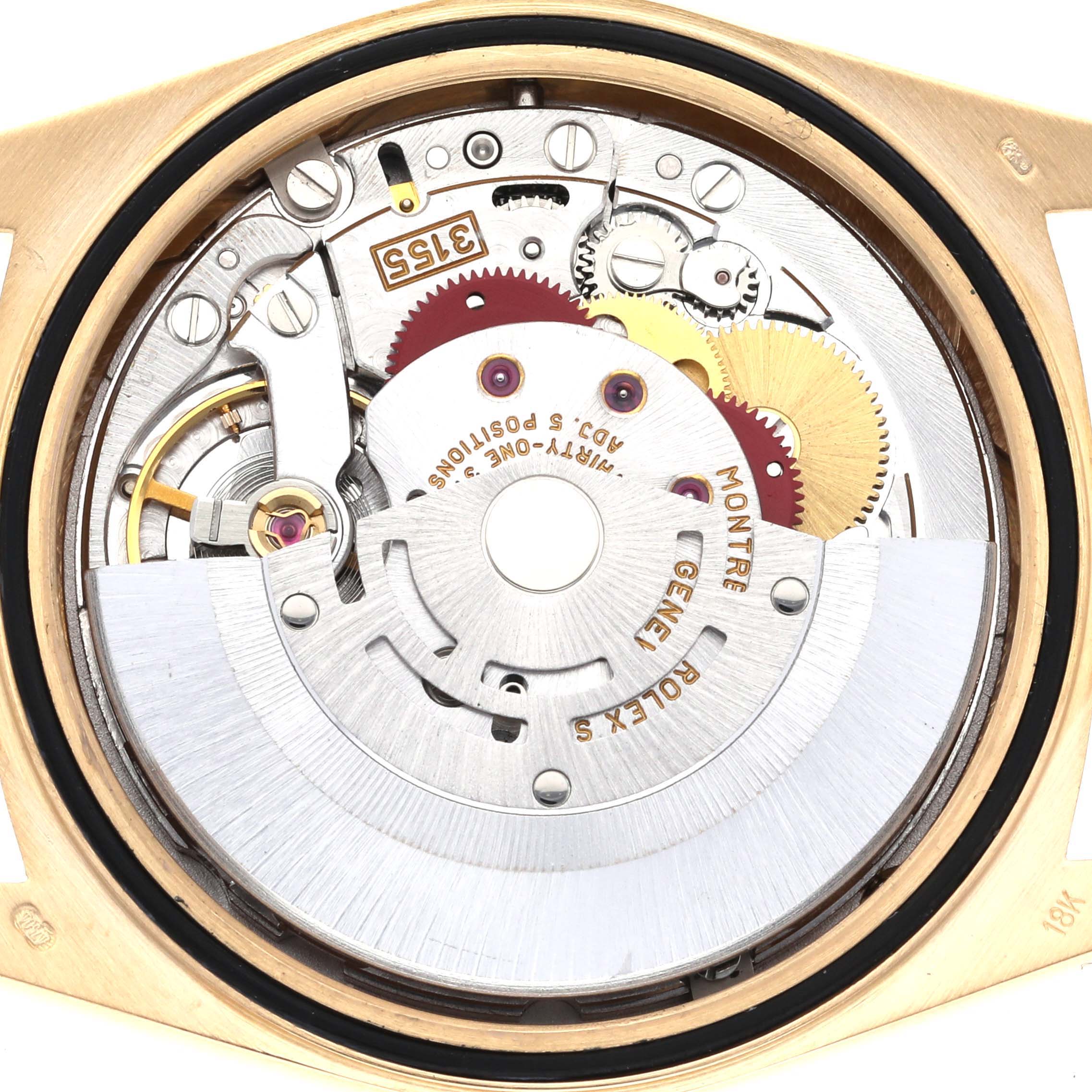 The image shows the internal mechanism of the Rolex President 18238 Men's Yellow Gold Champagne Dial 18238 Men's Yellow Gold Champagne Dial model, focusing on the rotor and gear components.