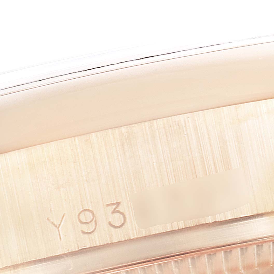 This close-up image shows the serial number engraved on the side of the Rolex President 178245 Women's Rose Gold White Dial 178245 Women's Rose Gold White Dial model watch.