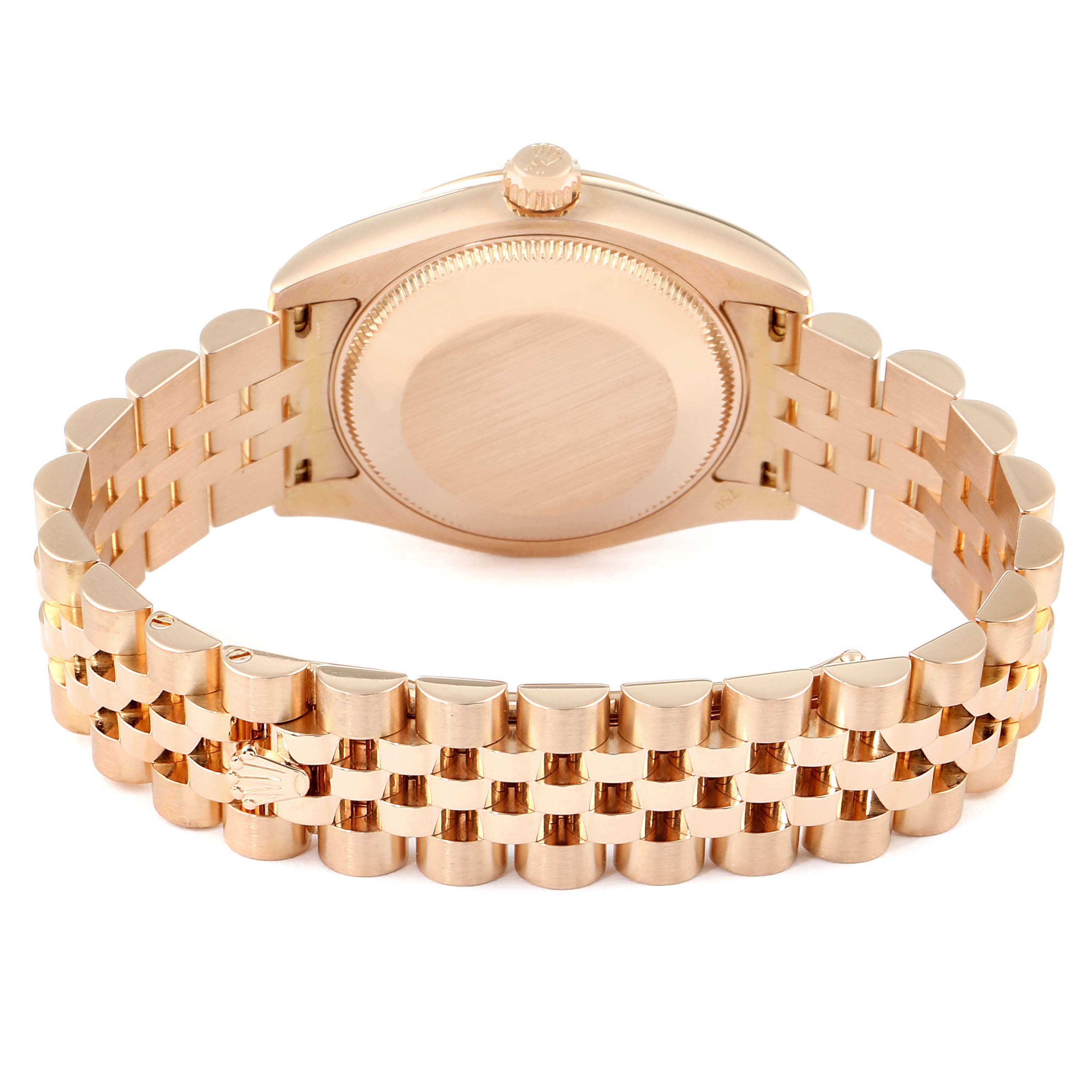 The image shows the back of a Rolex President 178245 Women's Rose Gold White Dial 178245 Women's Rose Gold White Dial model watch, highlighting its case back and gold bracelet.