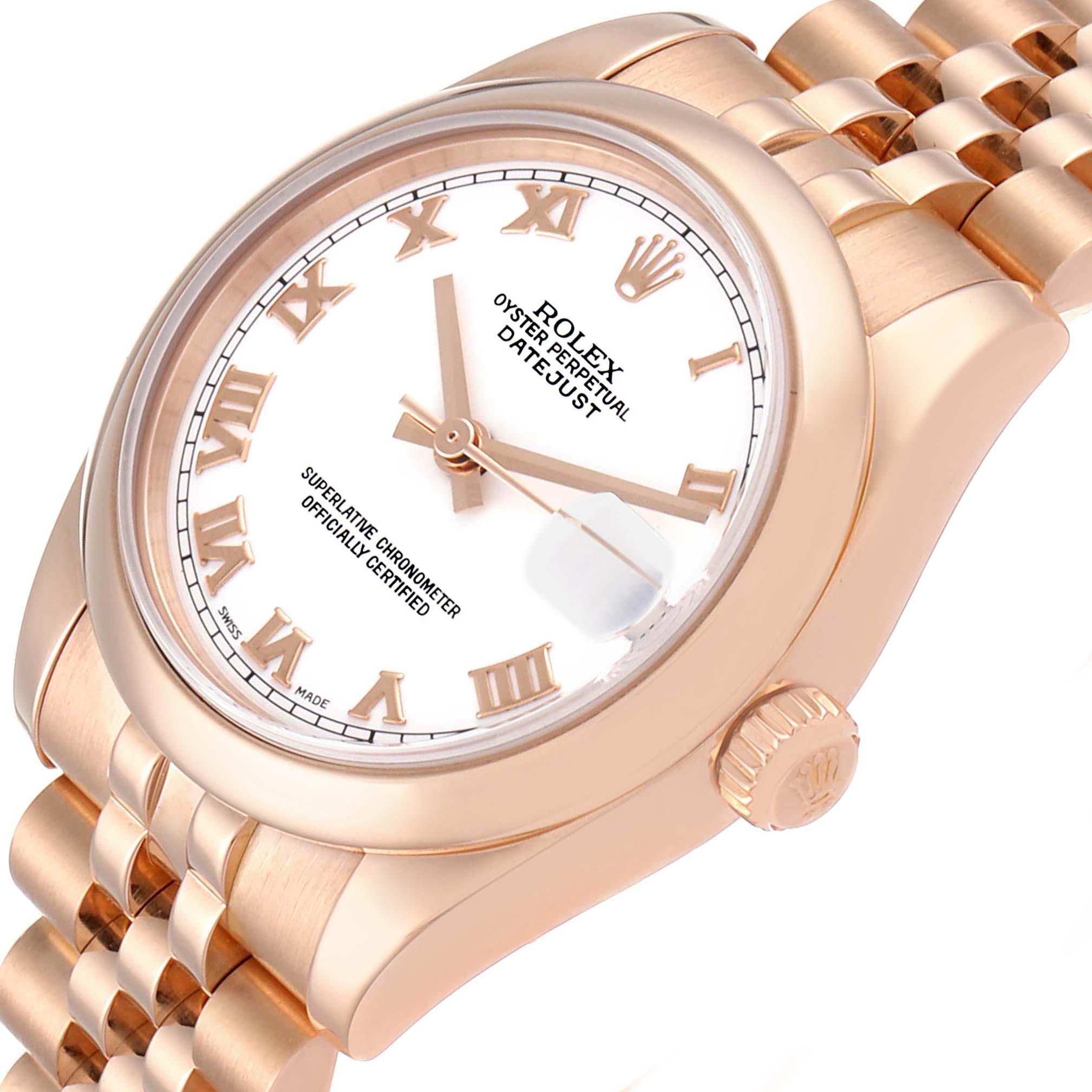 The Rolex President 178245 Women's Rose Gold White Dial 178245 Women's Rose Gold White Dial model watch displayed is shown at a slight angle revealing the face, crown, and part of the bracelet.