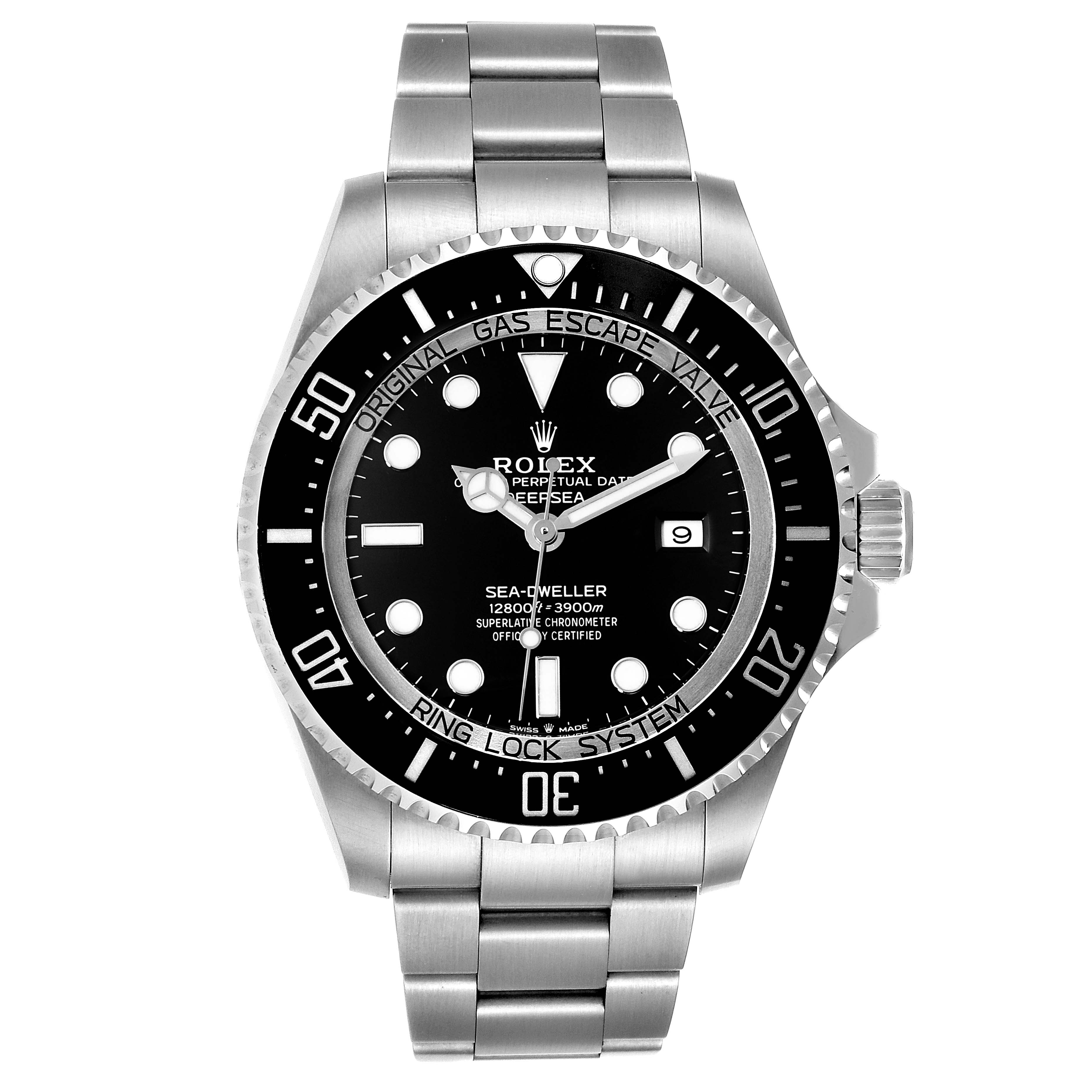 The image shows a frontal view of the Rolex Sea-Dweller 126660 Men
s Stainless Steel Black Dial 126660 Men
s Stainless Steel Black Dial watch, displaying its face, bezel, and stainless steel bracelet.