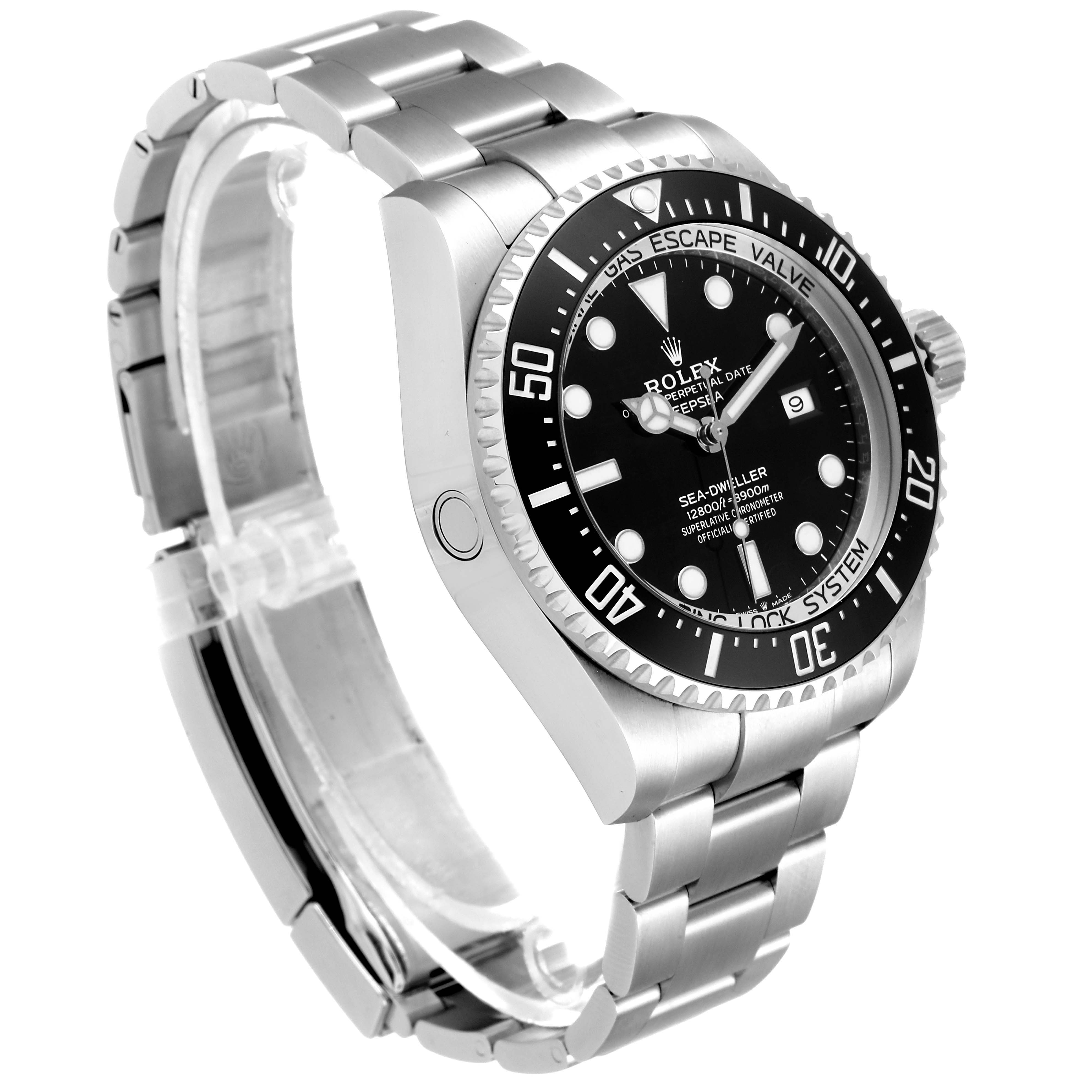 The image shows a side and front view of the Rolex Sea-Dweller 126660 Men
s Stainless Steel Black Dial 126660 Men
s Stainless Steel Black Dial watch, featuring the face, bezel, and metal bracelet.
