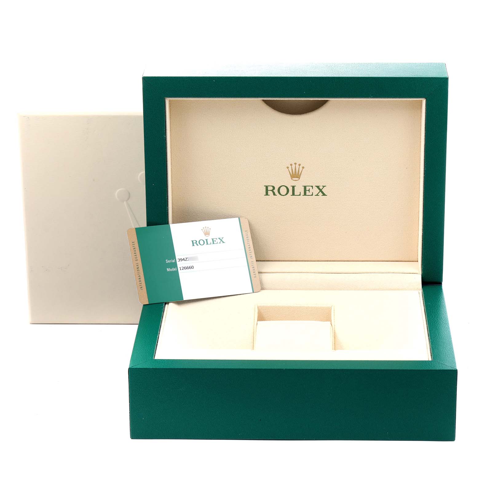 The image shows an open Rolex Sea-Dweller 126660 Men
s Stainless Steel Black Dial 126660 Men
s Stainless Steel Black Dial watch box with a white interior and an Best Quality
ity card.