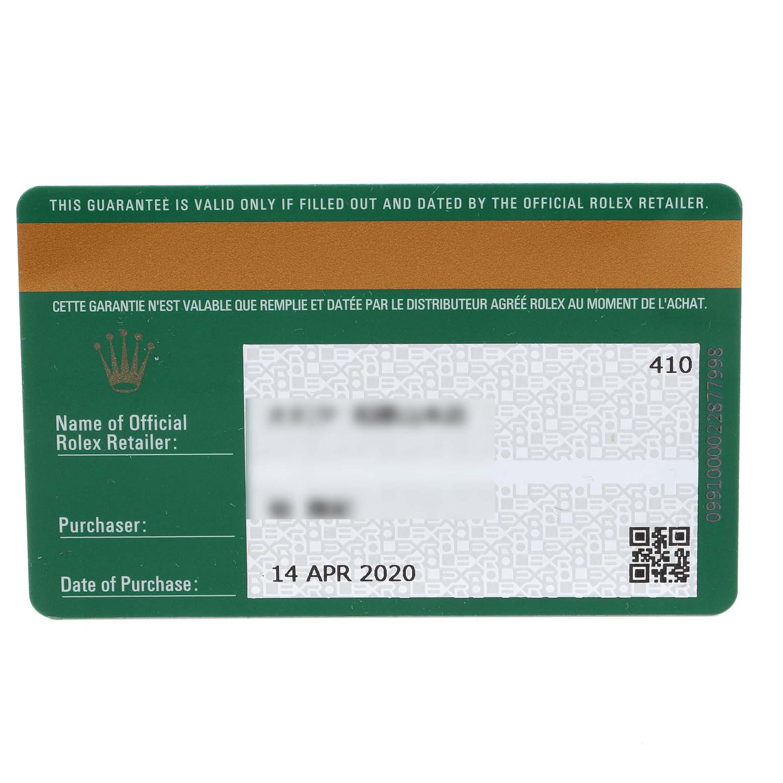 The image shows a warranty card with purchase details for a Rolex Sea-Dweller 126660 Men
s Stainless Steel Black Dial 126660 Men
s Stainless Steel Black Dial model.