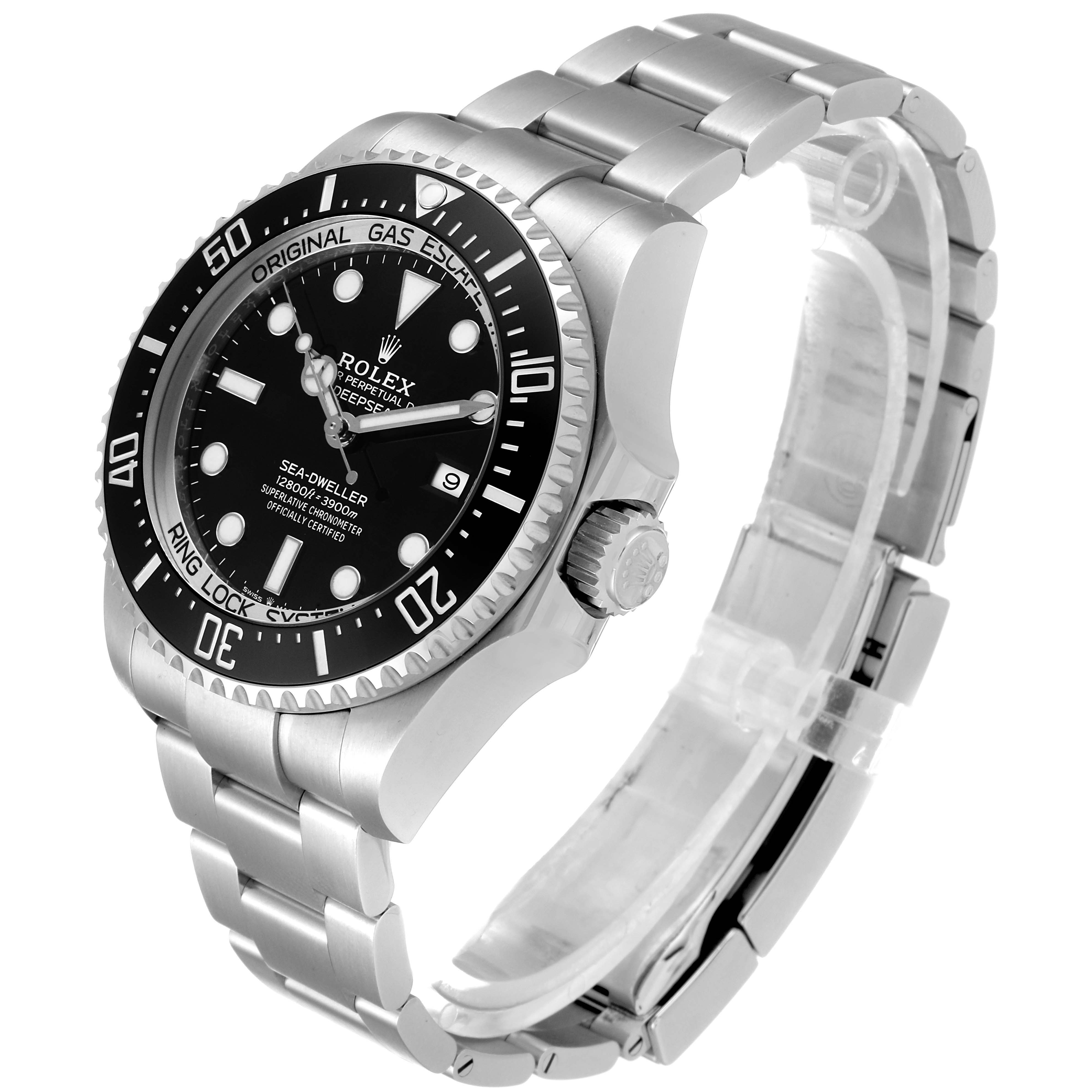 This image shows a side angle of the Rolex Sea-Dweller 126660 Men
s Stainless Steel Black Dial 126660 Men
s Stainless Steel Black Dial watch, highlighting its stainless steel case and bracelet, black dial, and bezel.