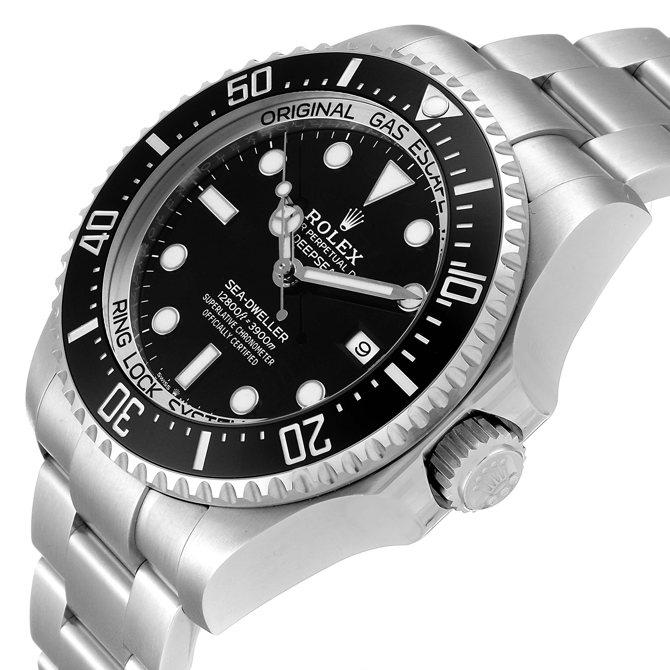 The image shows a close-up angle of the Rolex Sea-Dweller 126660 Men
s Stainless Steel Black Dial 126660 Men
s Stainless Steel Black Dial watch face, bezel, crown, and part of the bracelet.