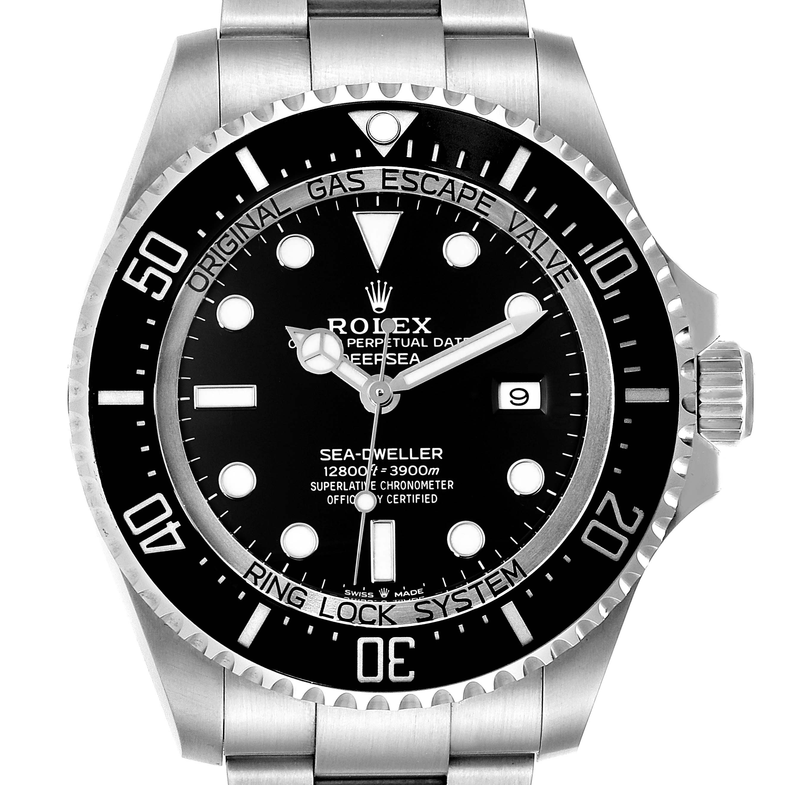 The image shows a frontal view of the Rolex Sea-Dweller 126660 Men
s Stainless Steel Black Dial 126660 Men
s Stainless Steel Black Dial watch, highlighting the dial, bezel, and part of the bracelet.