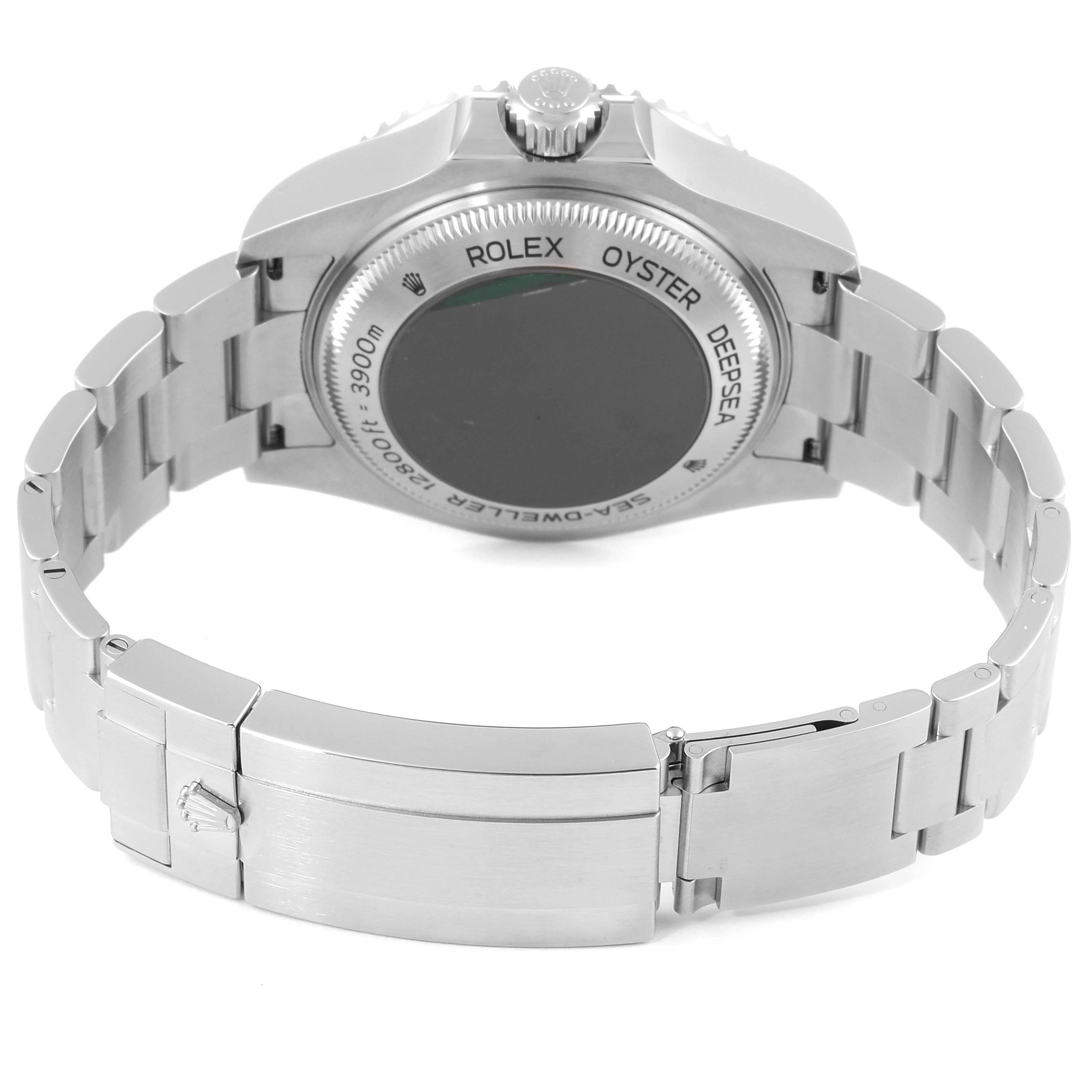 The image shows the back view of a Rolex Sea-Dweller 126660 Men
s Stainless Steel Black Dial 126660 Men
s Stainless Steel Black Dial watch, including its clasp and bracelet.