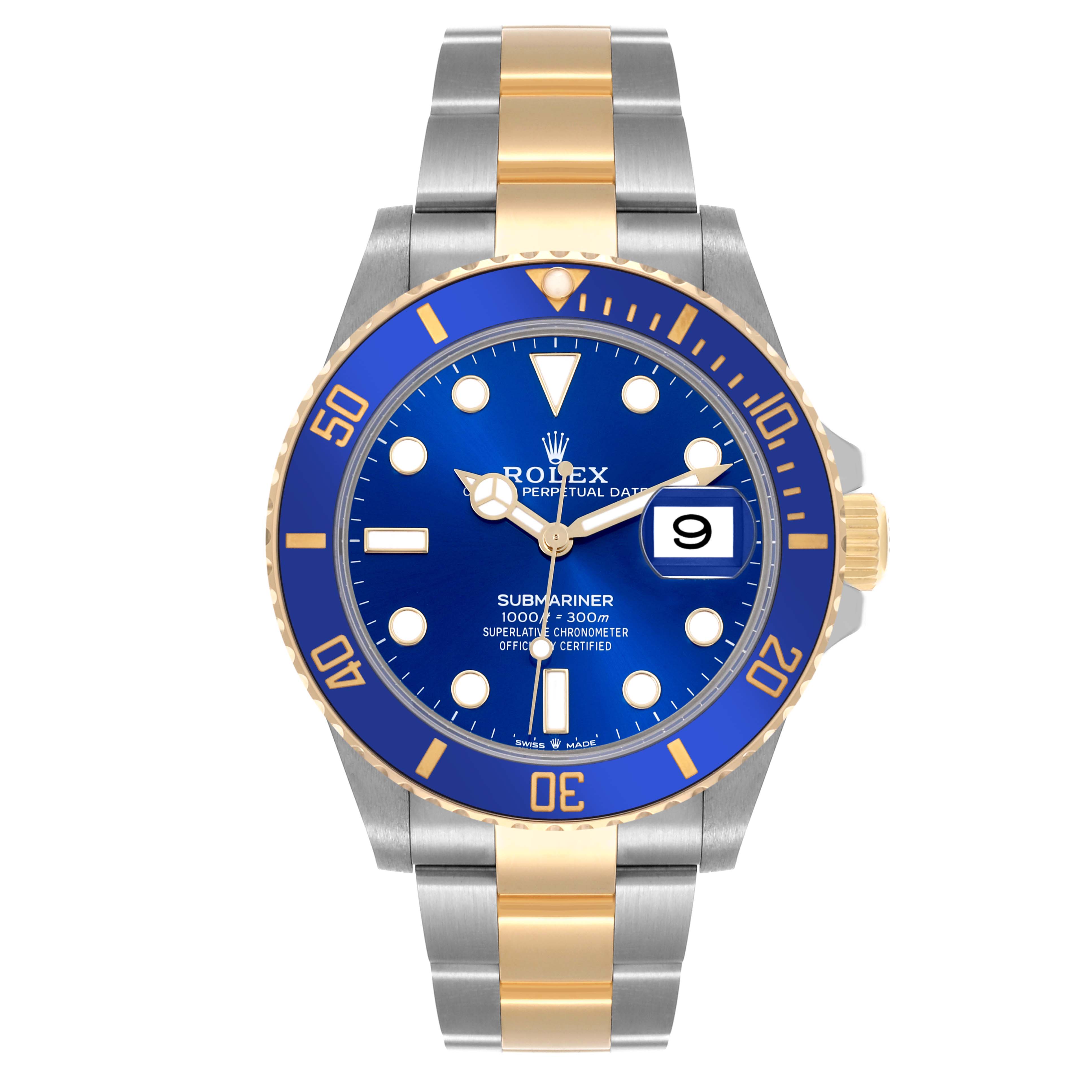 The Rolex Submariner 126613LB Men's Steel and Gold (two tone) Blue Dial 126613LB Men's Steel and Gold (two tone) Blue Dial is shown from a top-down angle, highlighting its blue dial, bezel, and two-tone bracelet.
