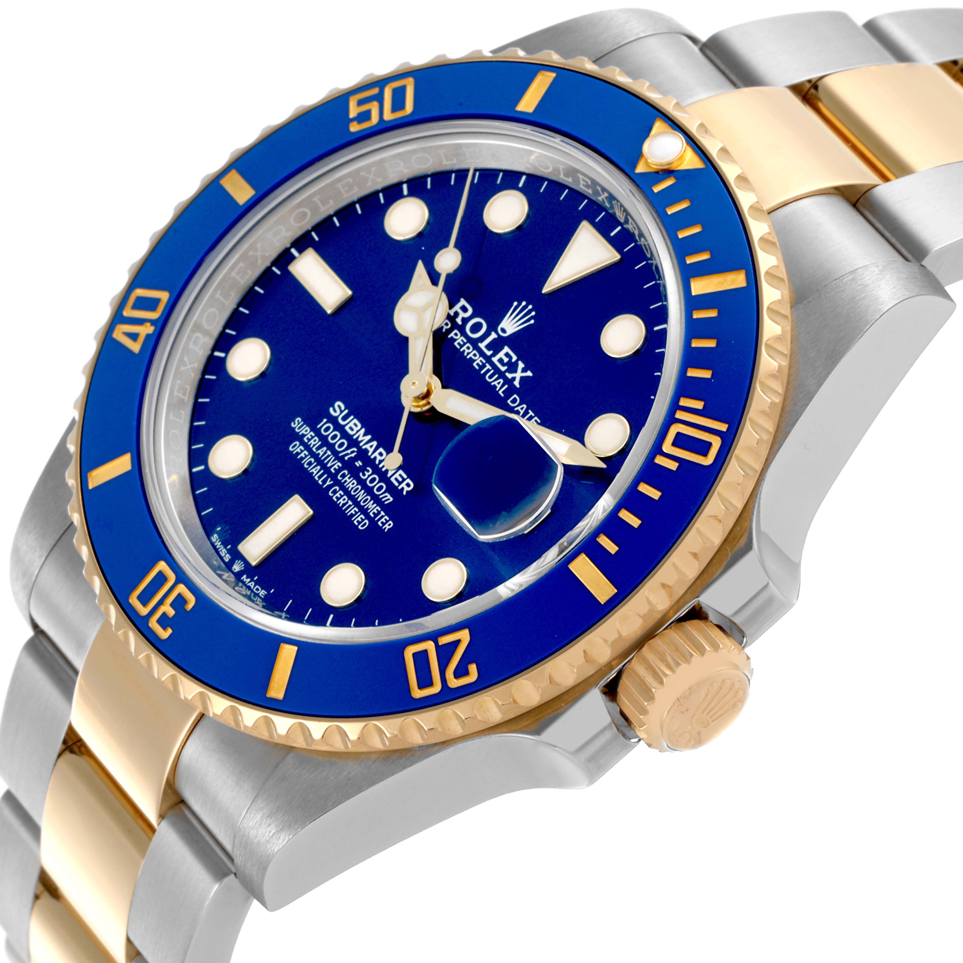 The Rolex Submariner 126613LB Men's Steel and Gold (two tone) Blue Dial 126613LB Men's Steel and Gold (two tone) Blue Dial watch is shown from a tilted side angle, highlighting the blue dial, gold bezel, crown, and two-tone bracelet.