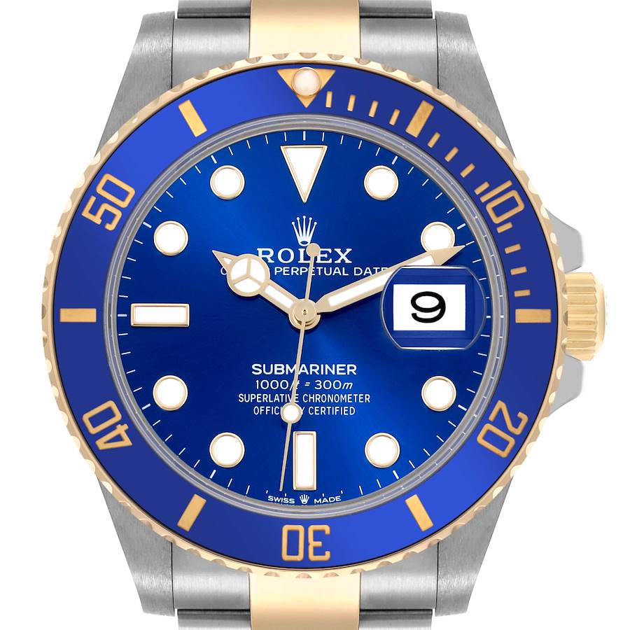 The Rolex Submariner watch is shown front-facing, highlighting the blue dial, gold and silver bezel, and date window.