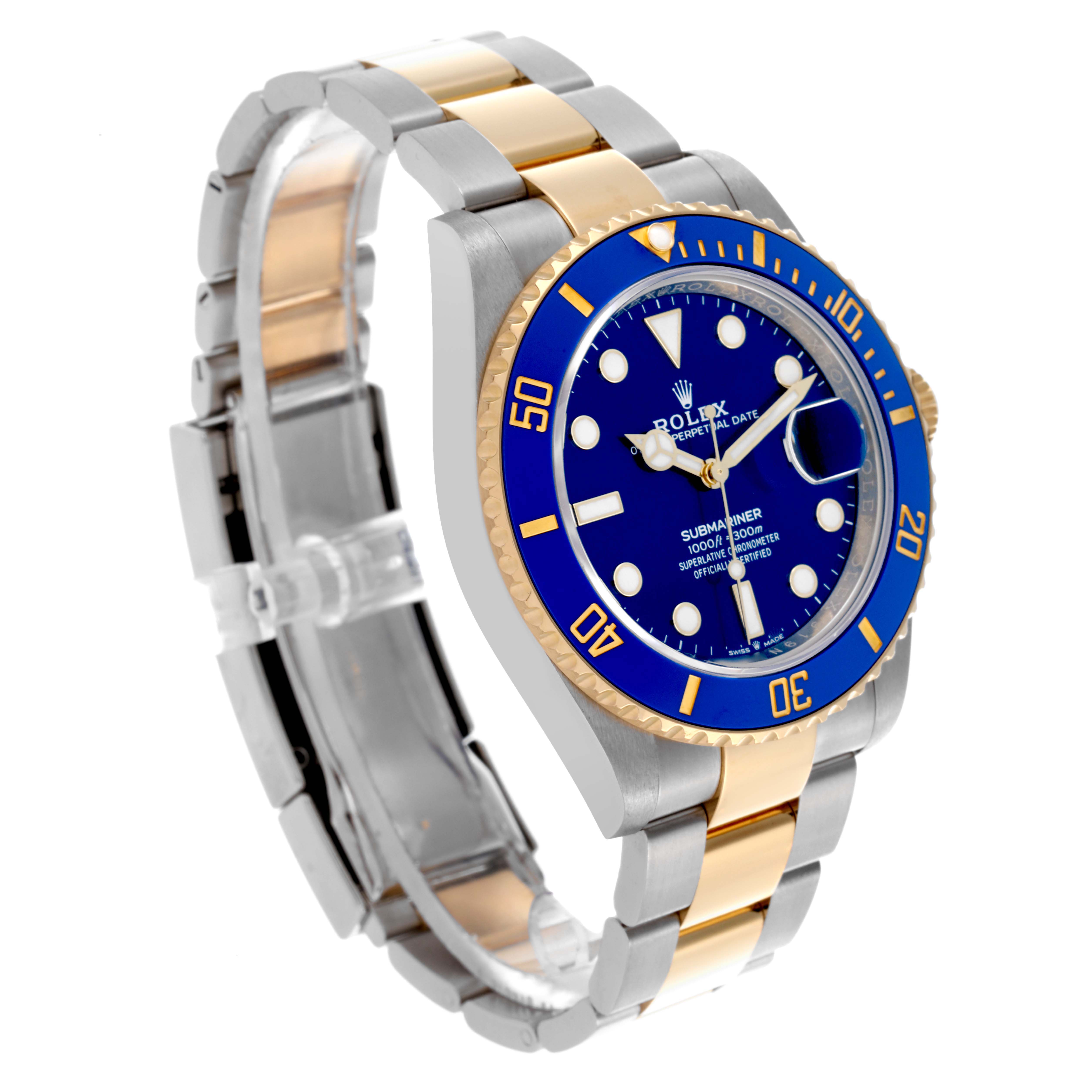 The image shows a Rolex Submariner 126613LB Men's Steel and Gold (two tone) Blue Dial 126613LB Men's Steel and Gold (two tone) Blue Dial at a 3/4 angle, highlighting its blue dial, two-tone bracelet, and rotating bezel.