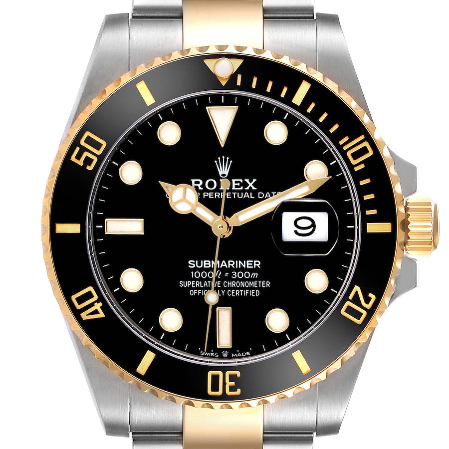 The Rolex Submariner watch is shown from a front angle, highlighting its face, bezel, and bracelet.